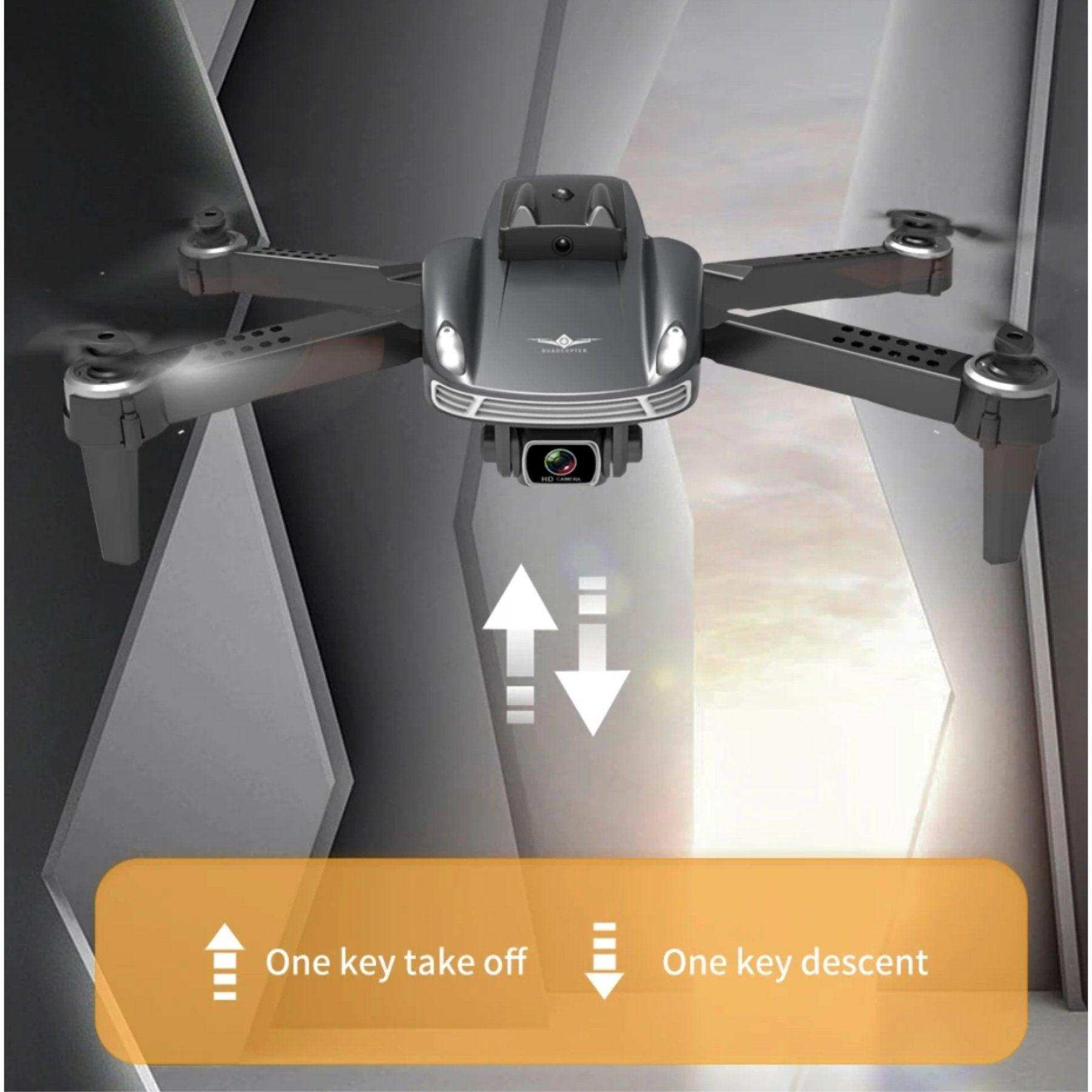 4K HD mini drone with dual camera in flight, showing one key take off and descent buttons, TUTT