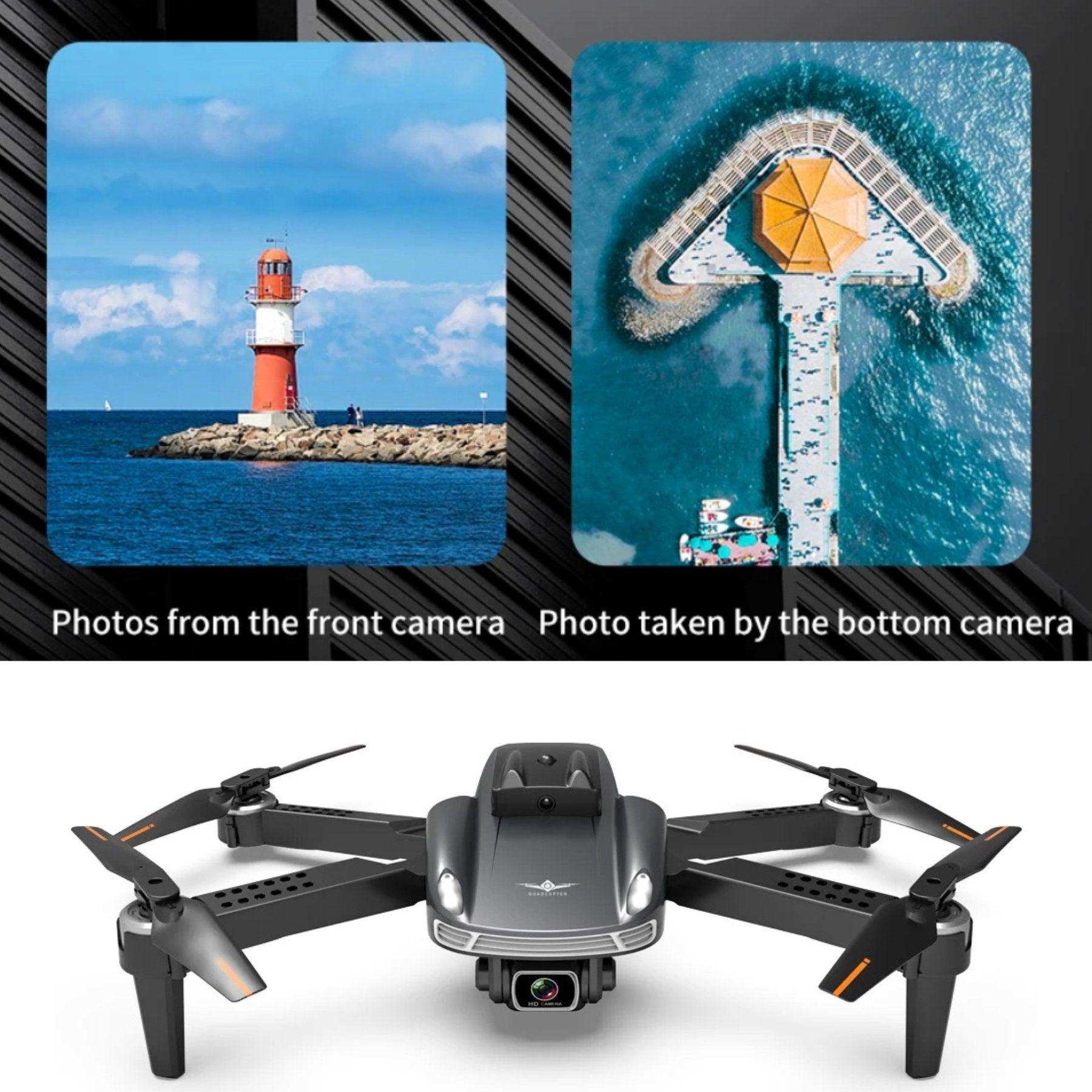 Black 4K HD mini drone with dual cameras, showcasing lighthouse and pier aerial photos, TUTT