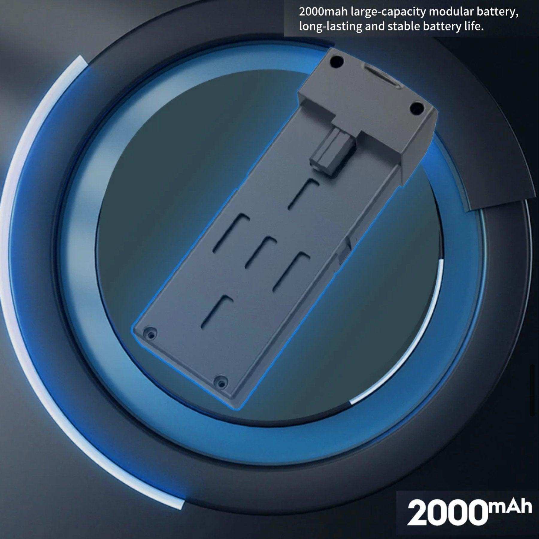 Grey 2000mAh modular battery for mini drone on a circular blue background, TUTT