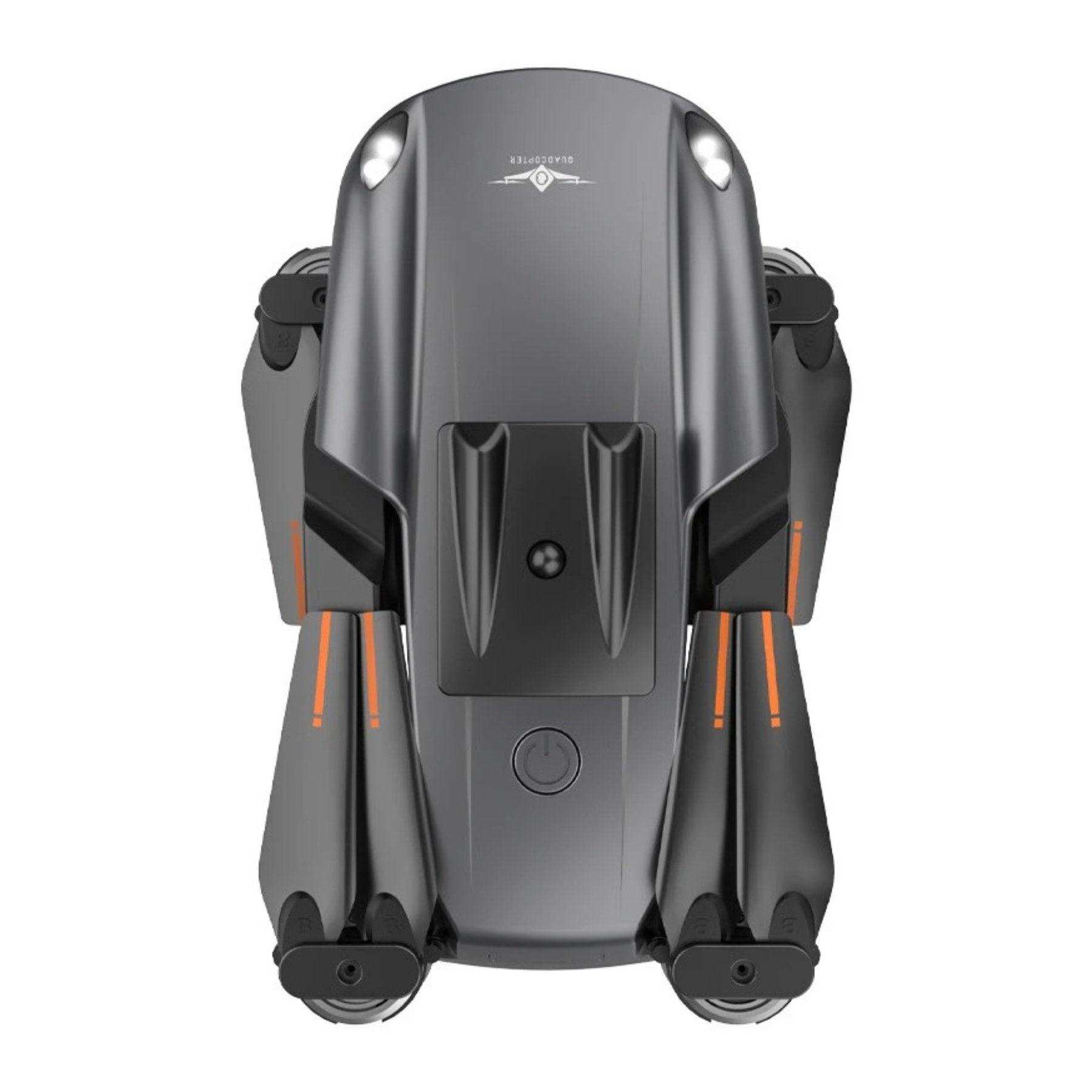 Folded black 4K HD mini drone with dual cameras and orange stripes, on white background TUTT