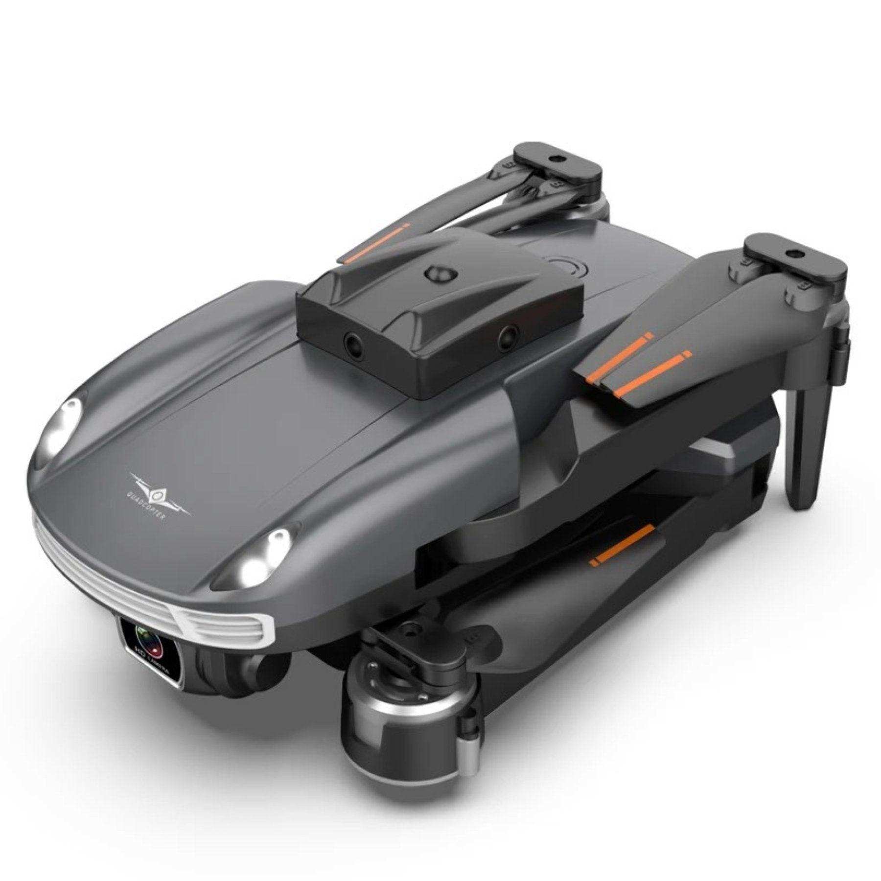 Folded gray mini drone with dual cameras, infrared obstacle sensors, and orange accents TUTT