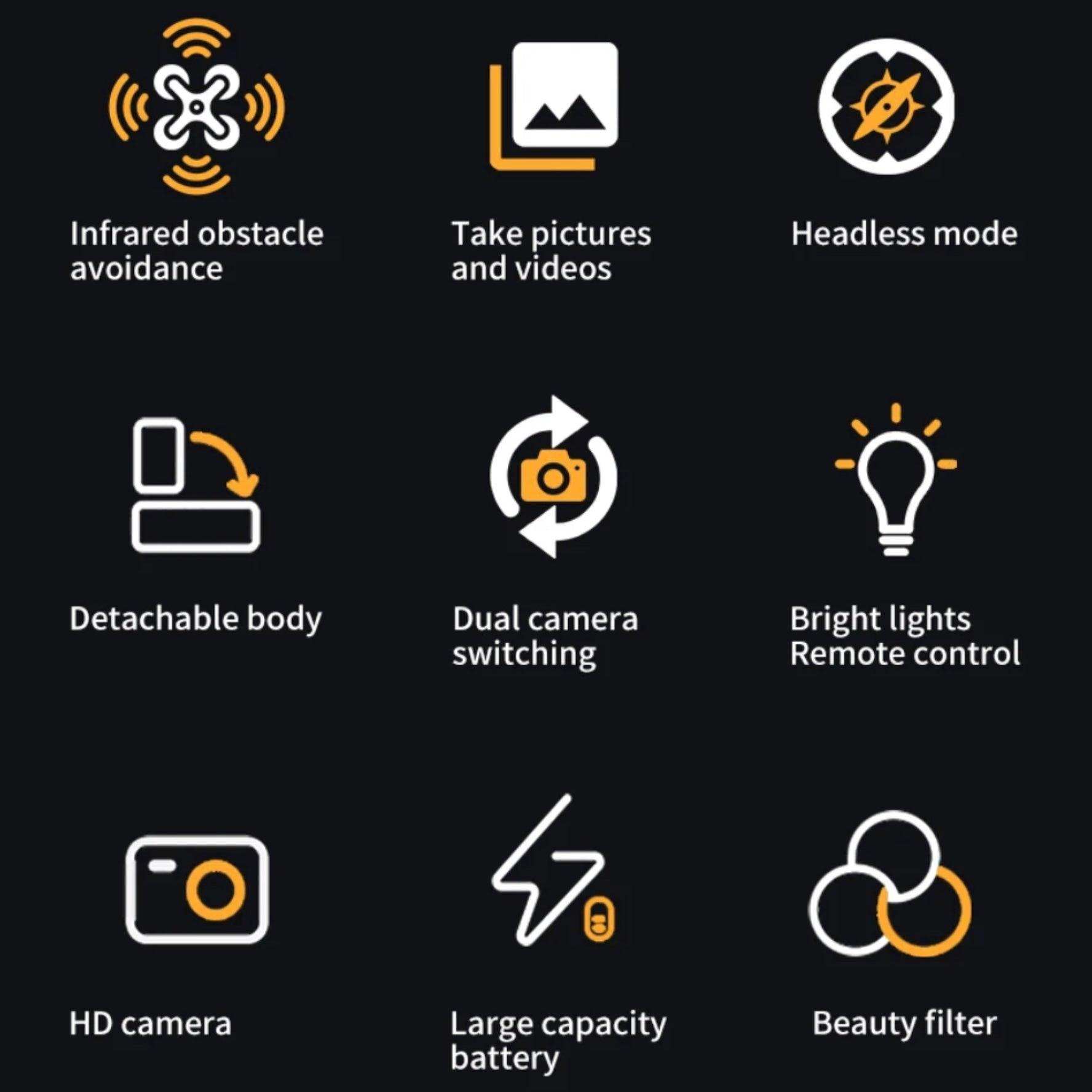 Mini drone feature icons including infrared obstacle avoidance, HD camera, and dual camera switching TUTT