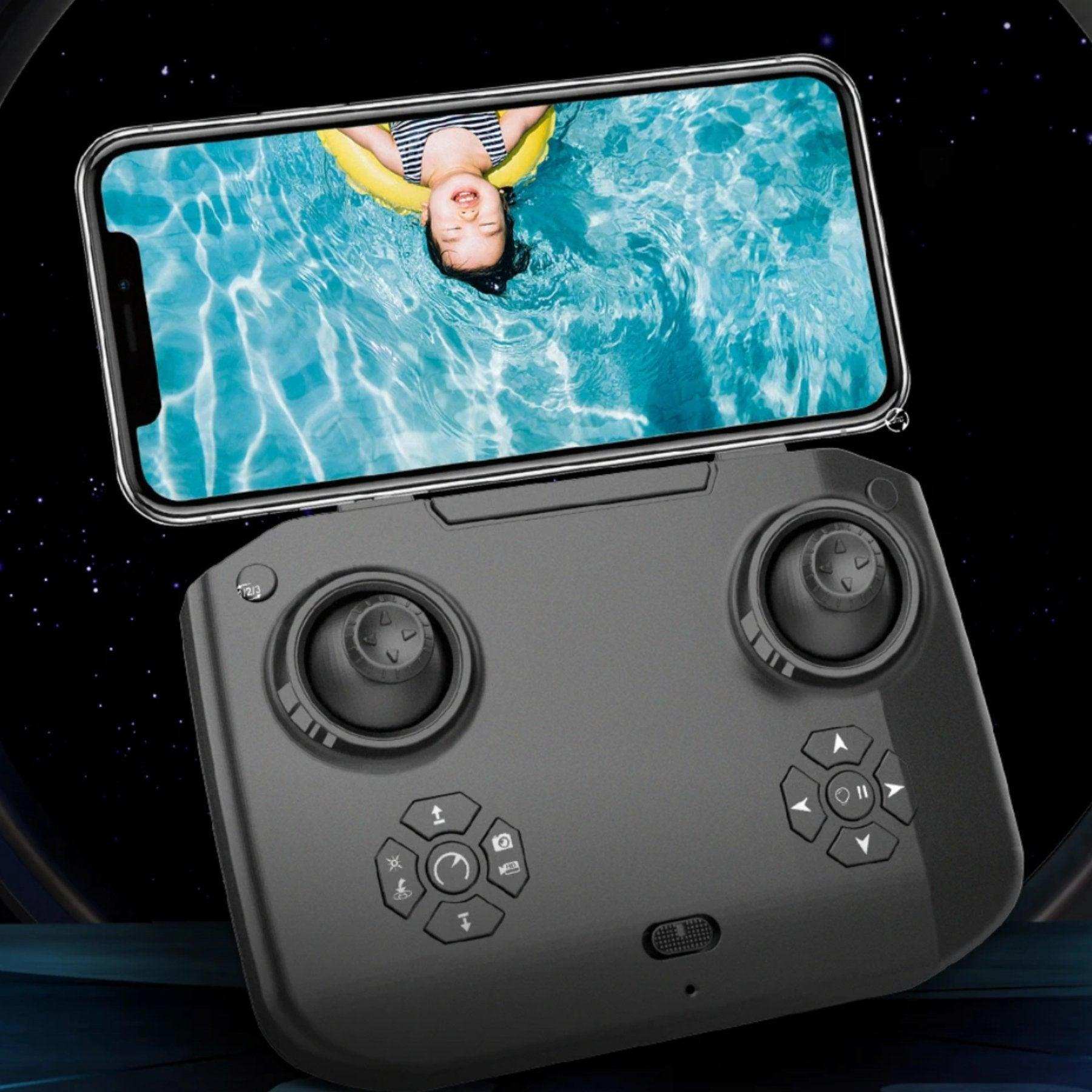 4K HD drone remote controller with smartphone display showing aerial pool photo, TUTT