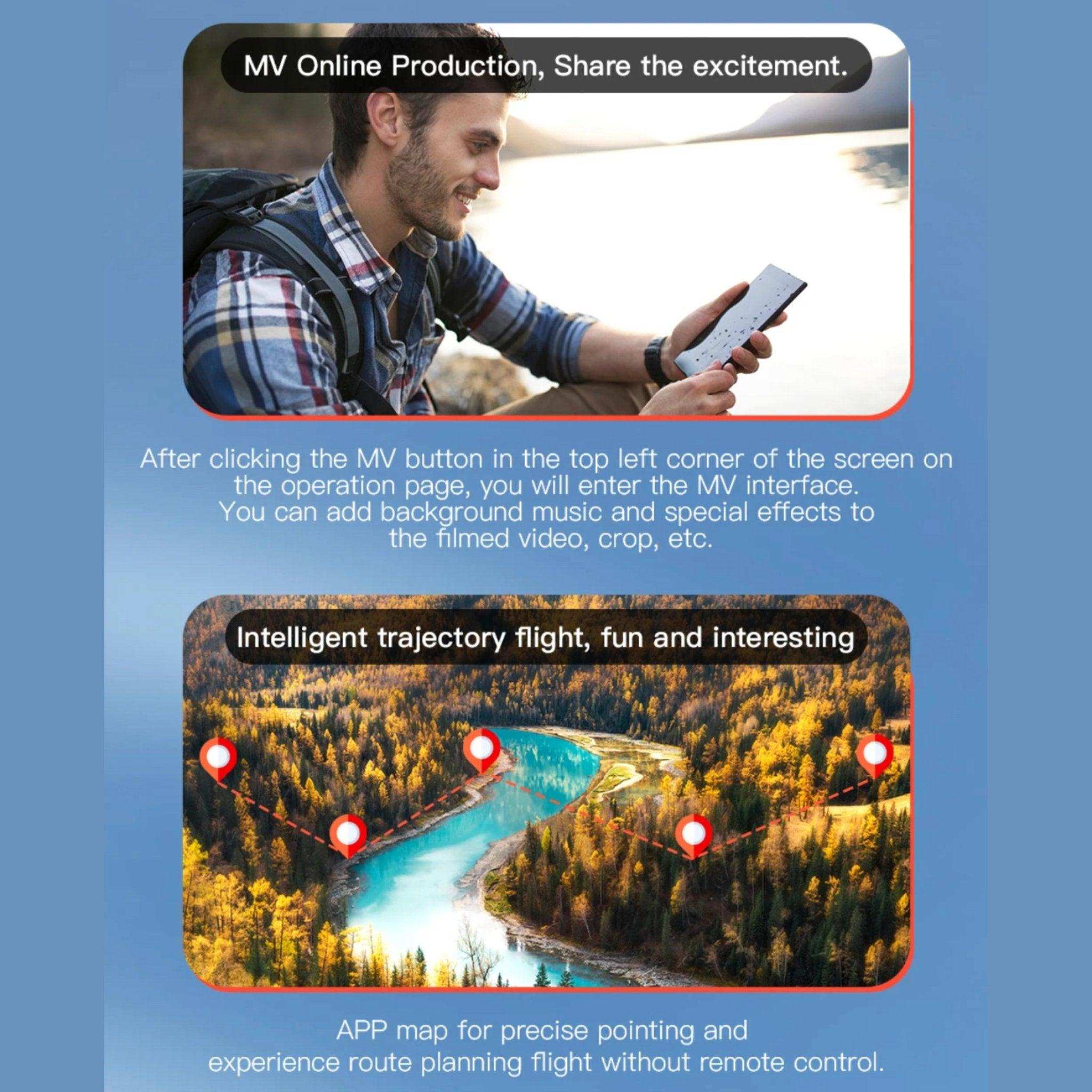 Man outdoors using smartphone, showing MV drone video editing and trajectory flight path features. TUTT