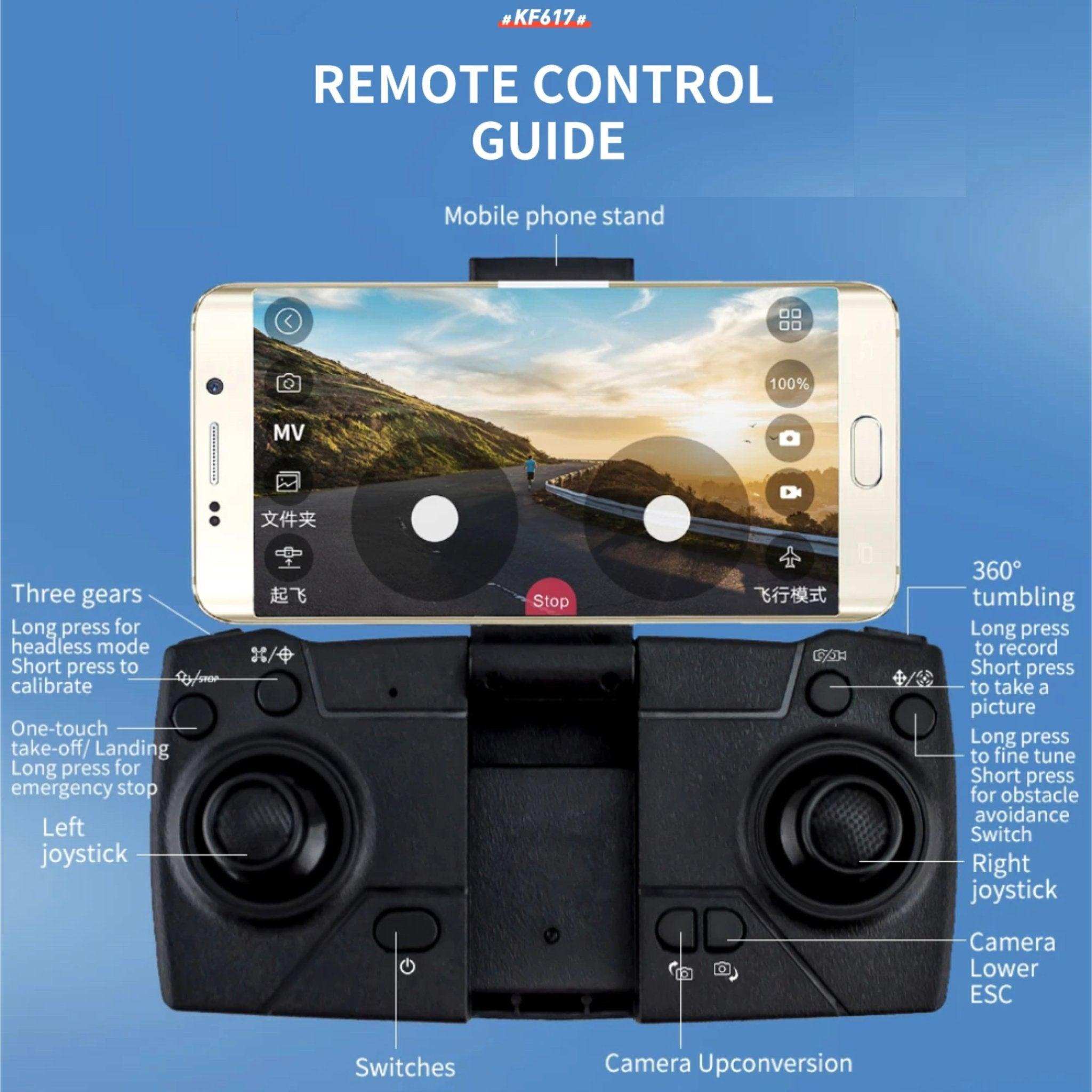 KF617 mini drone remote control guide with labeled buttons, smartphone holder, and joystick functions TUTT