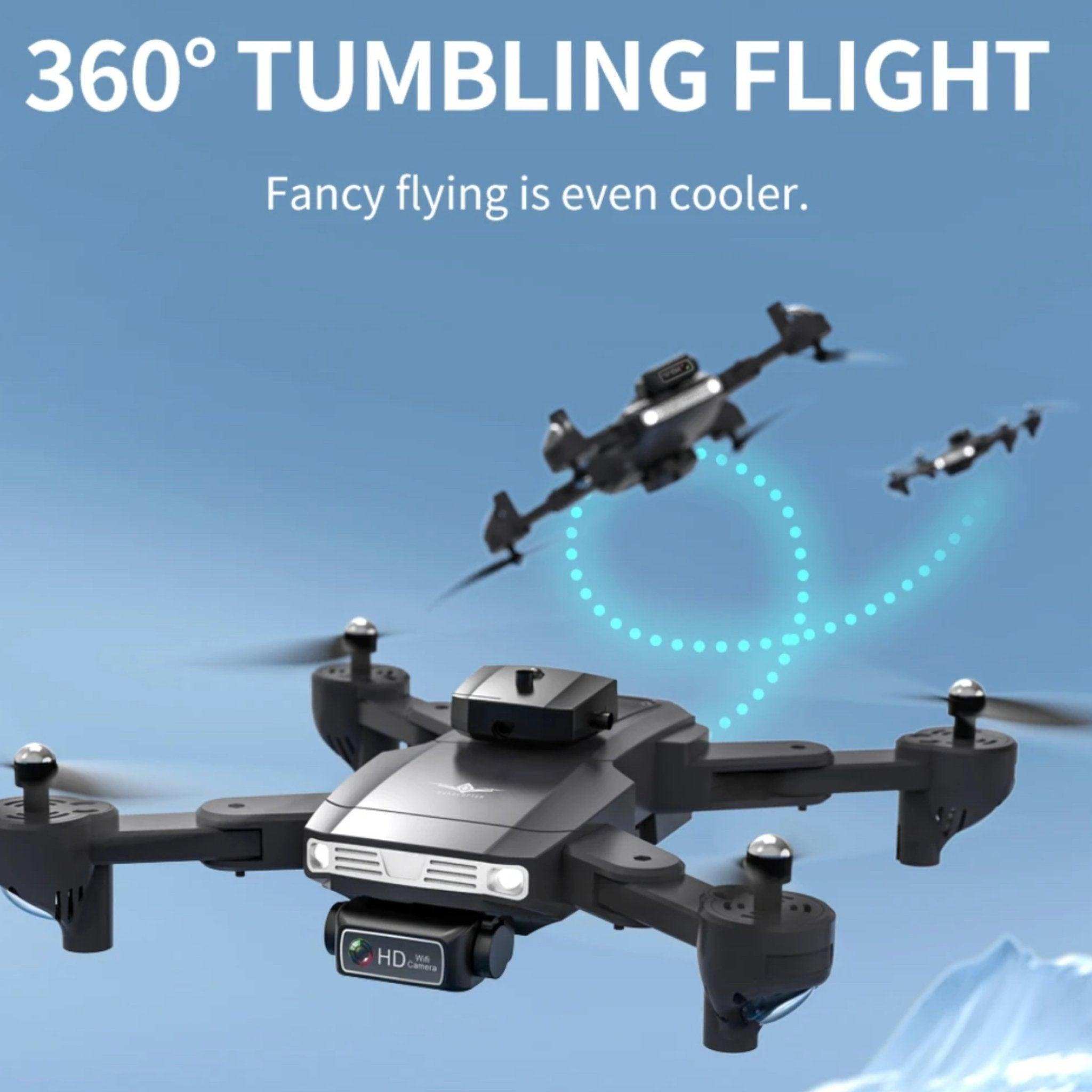 KF617 mini drone with 4K dual camera flying and tumbling in blue sky, foldable quadcopter TUTT