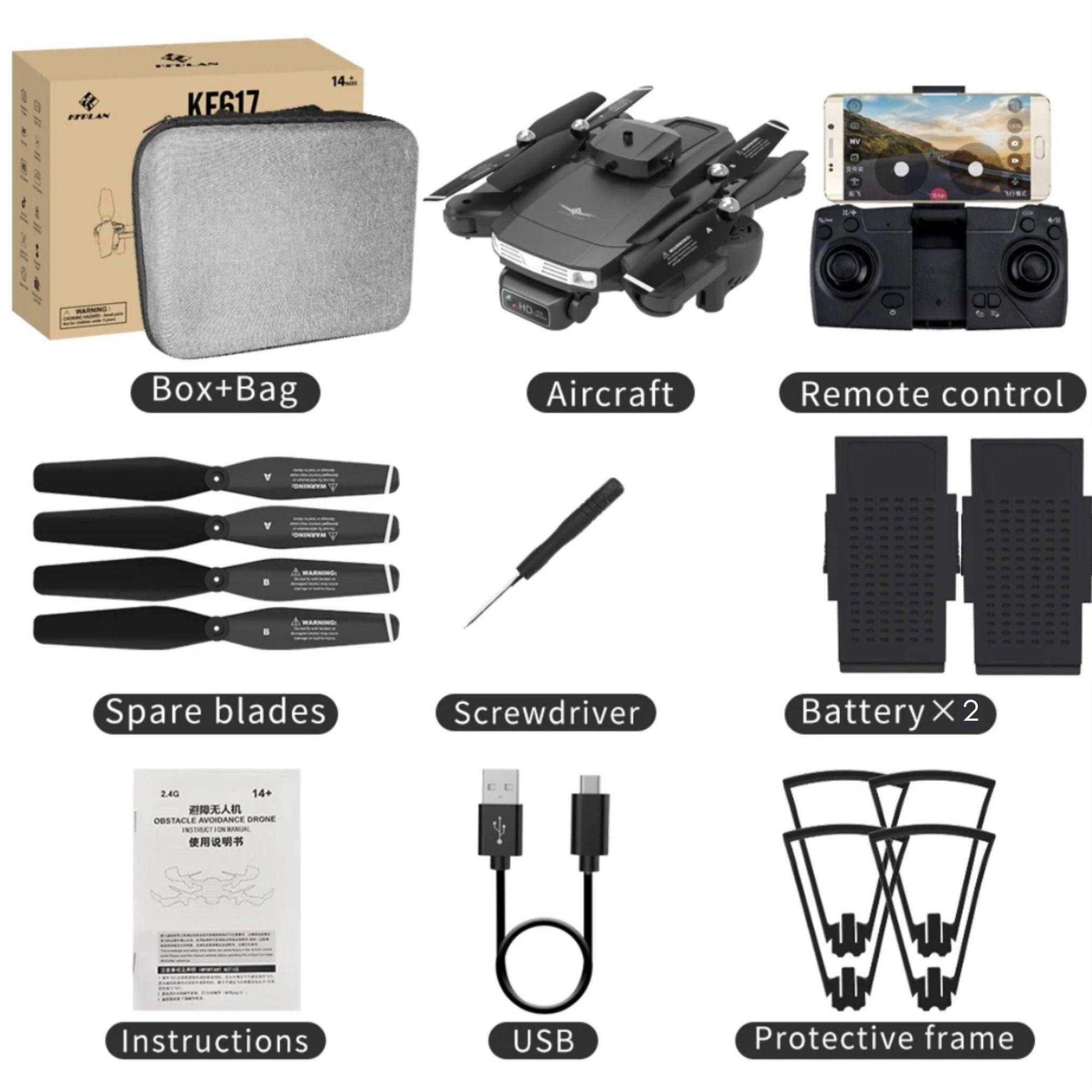 KF617 mini drone kit with 4K drone, remote control, spare blades, batteries, bag, USB, and accessories TUTT