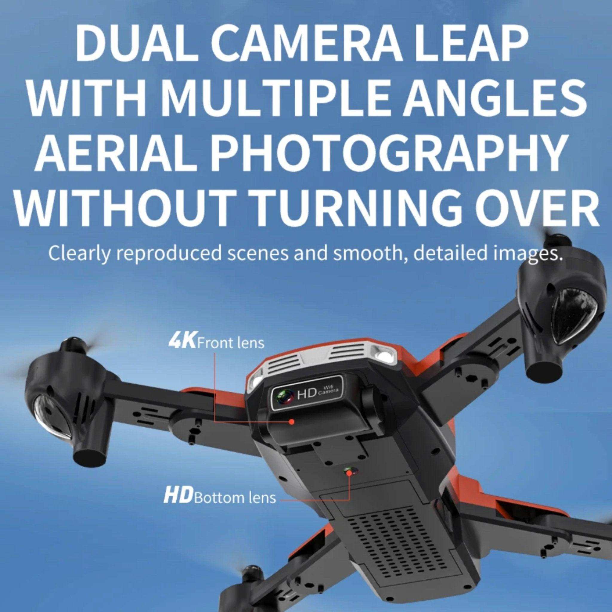 Foldable mini drone with dual 4K and HD cameras, black and red, on blue background. TUTT