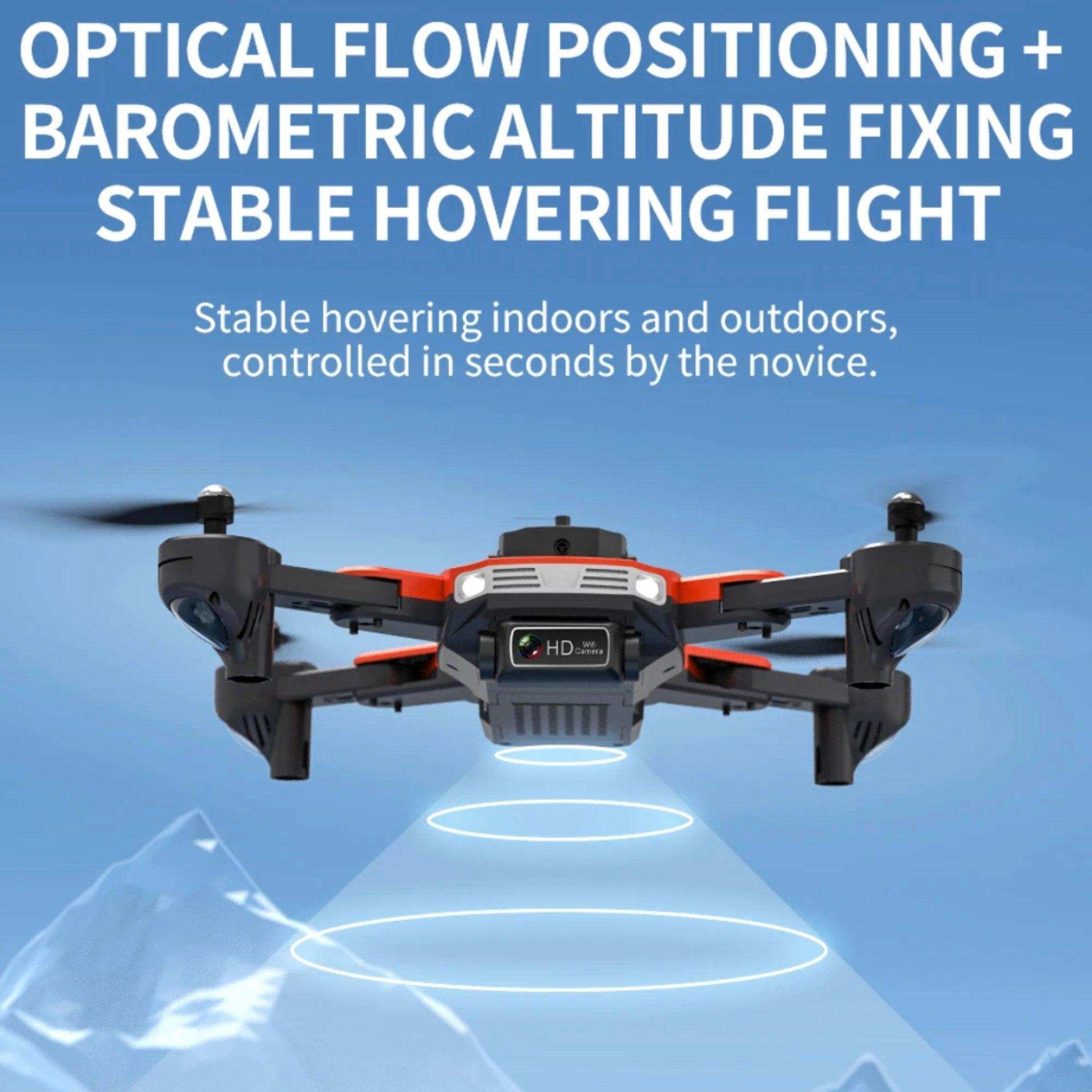 Mini drone with 4K dual camera, optical flow positioning, hovering above mountains, TUTT
