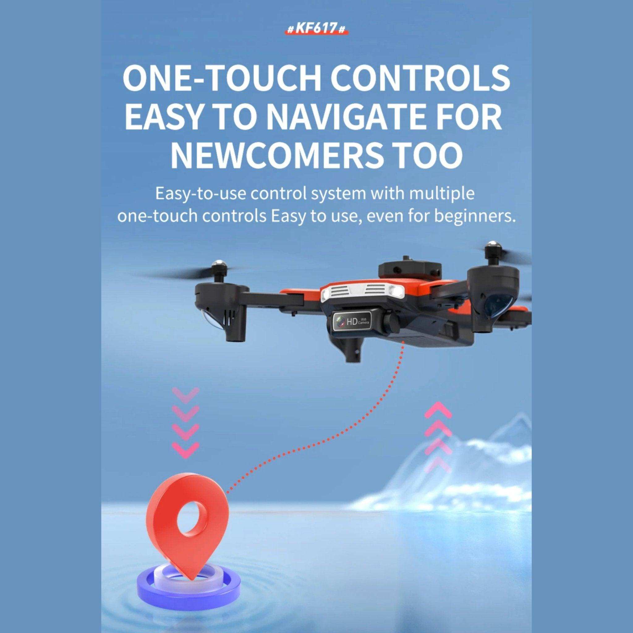 KF617 mini drone with HD camera, foldable quadcopter, easy one-touch controls, blue background, TUTT