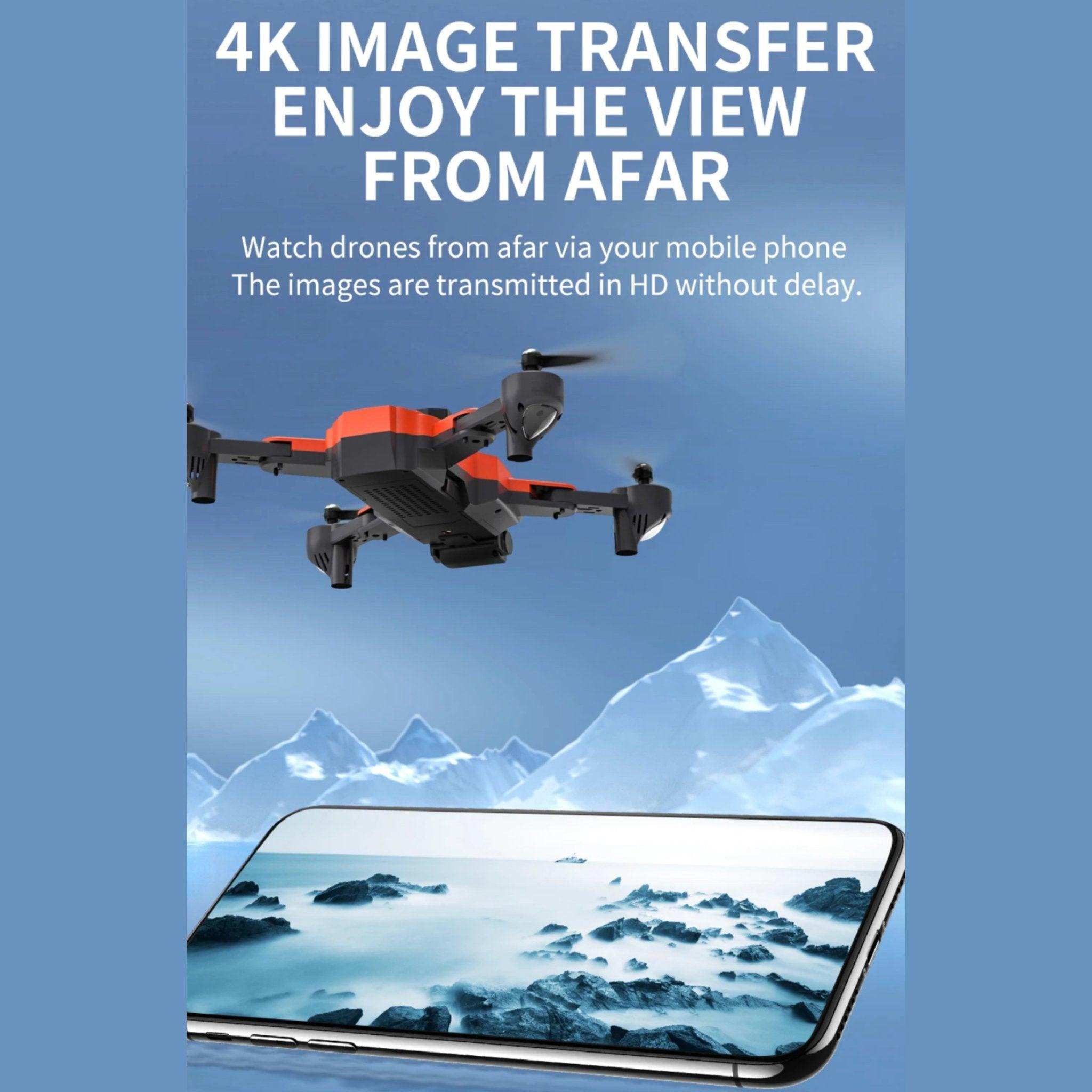 Mini 4K drone with dual camera flying over mountains, HD image on smartphone screen, TUTT