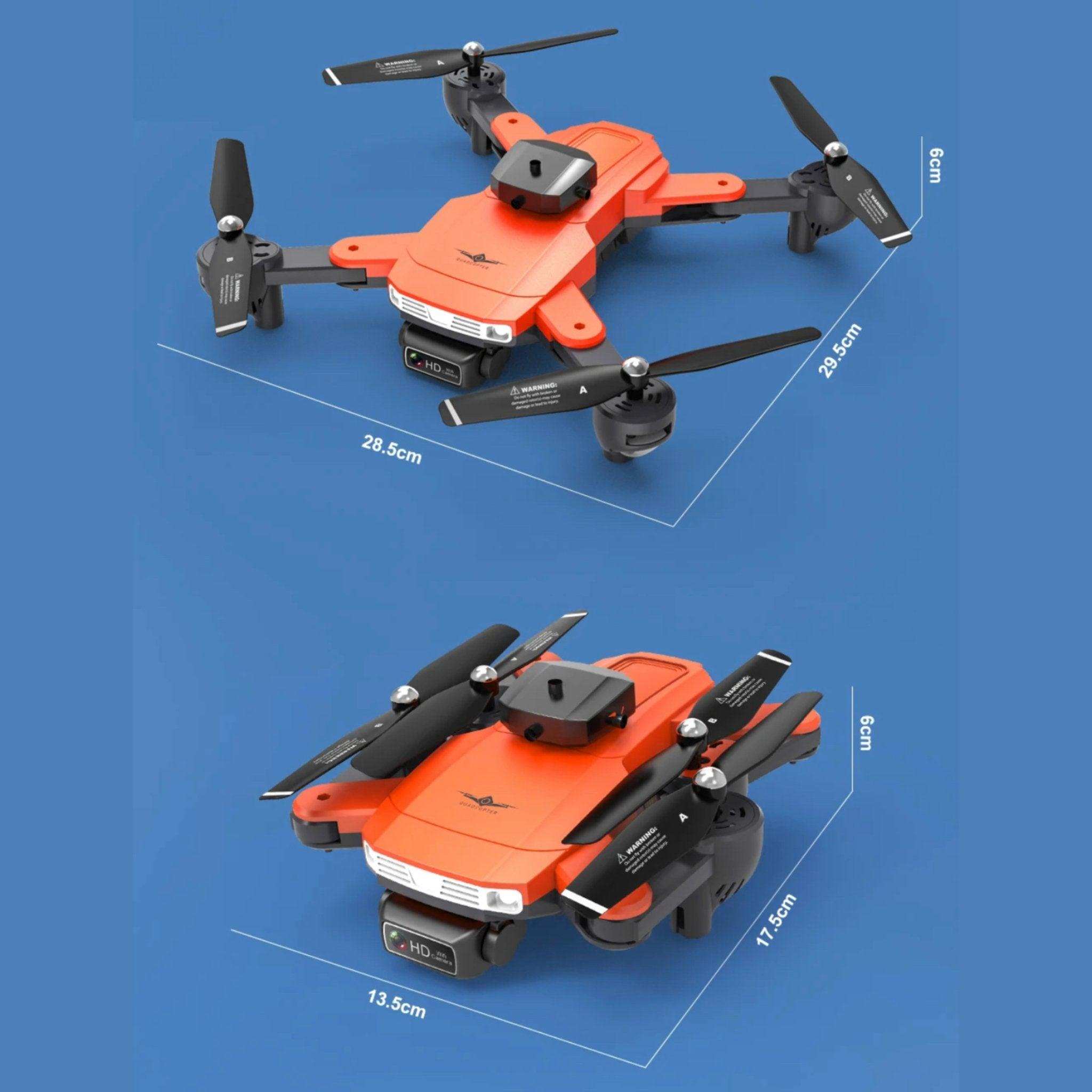 Orange foldable mini drone with HD dual camera, shown open and folded with size dimensions, on blue background. TUTT