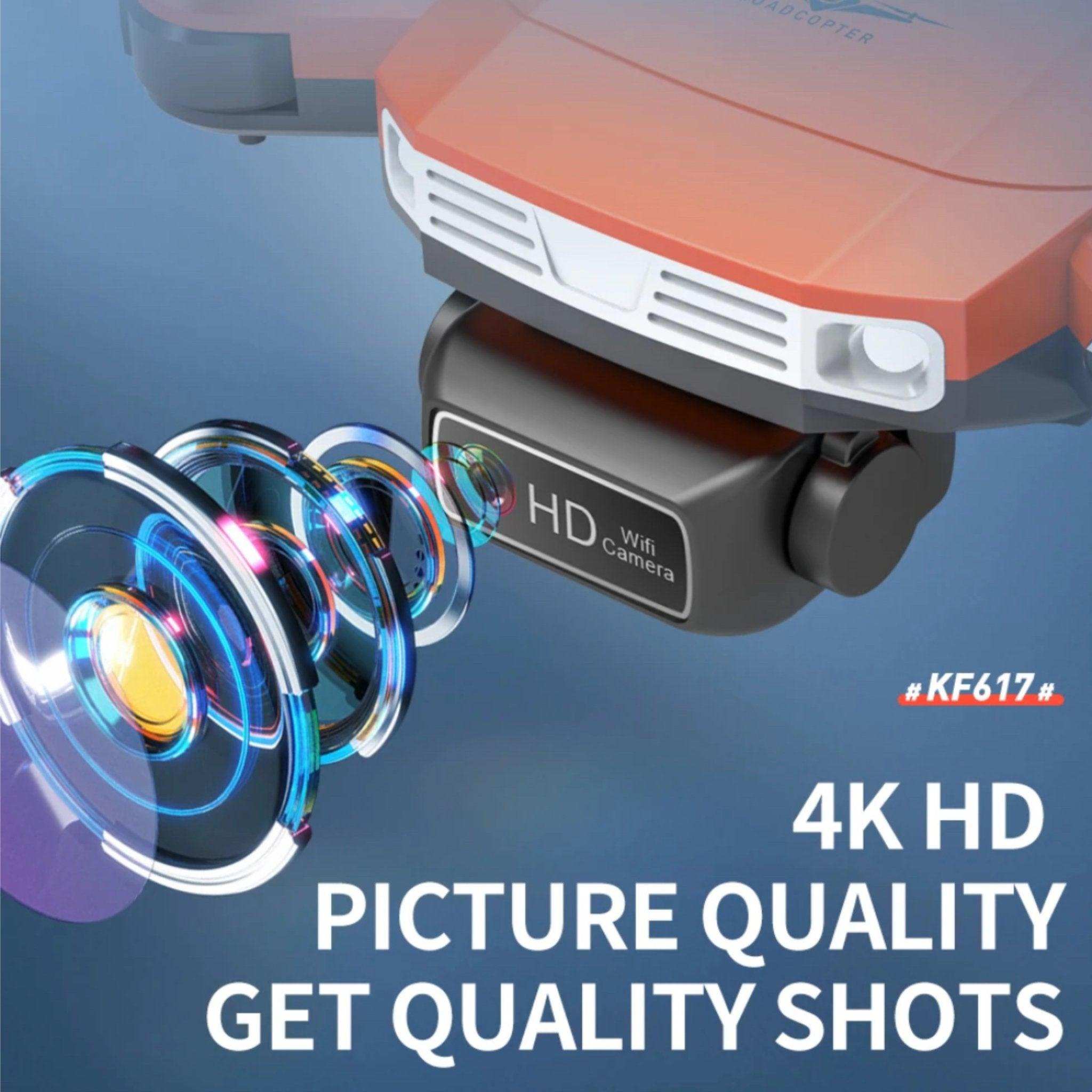 Close-up of orange KF617 mini drone with HD WiFi camera lens, 4K picture quality text, TUTT