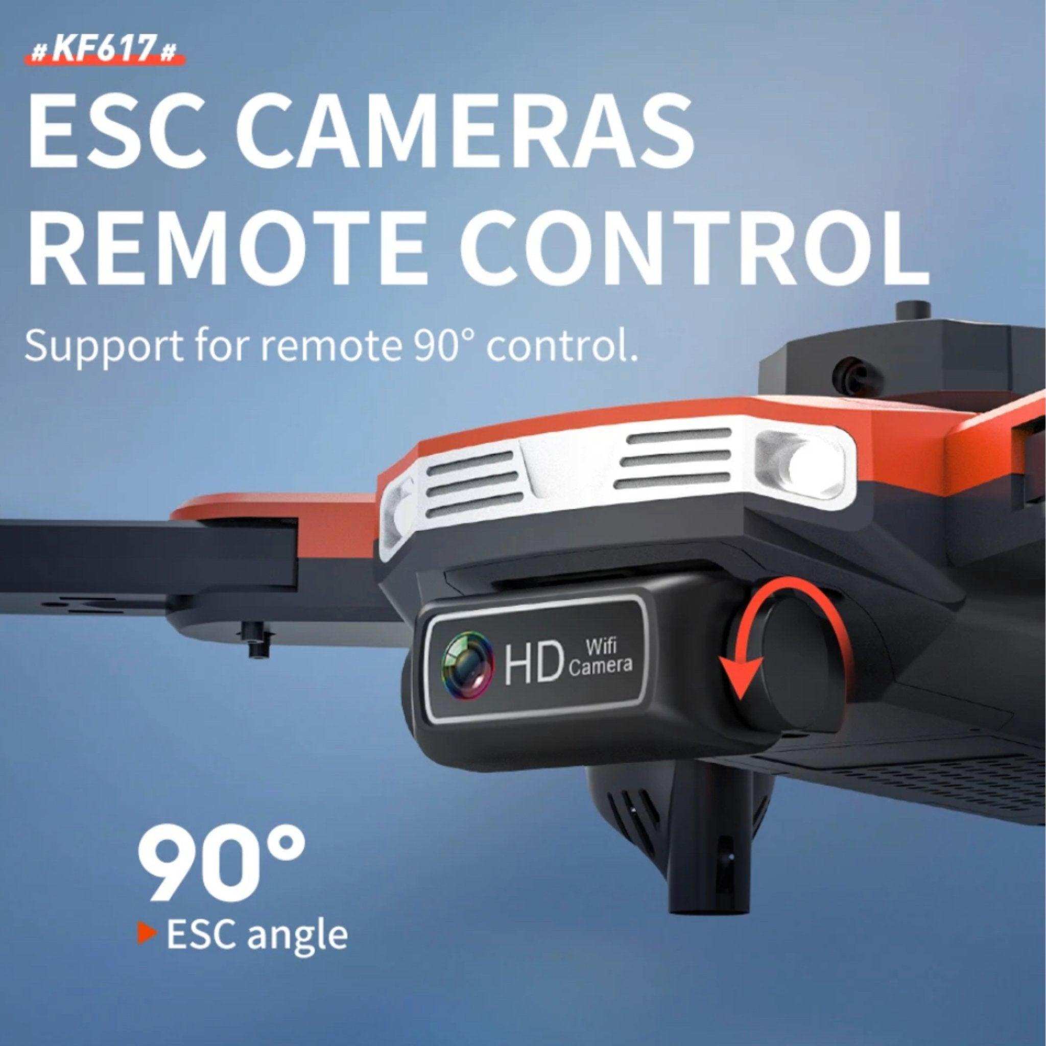 Close-up of KF617 mini drone with HD wifi camera, 90-degree ESC angle control, and remote control text, TUTT