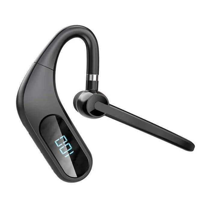 Black wireless Bluetooth headset with microphone and LED display on white background, TUTT