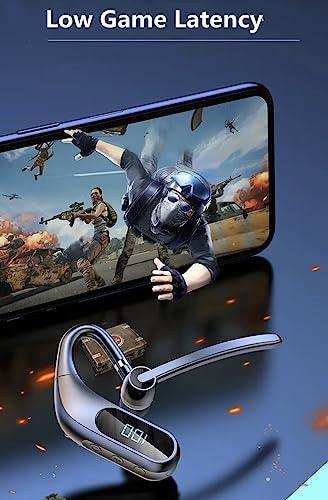 Wireless single stereo headset with microphone and LED display, shown with a gaming phone, highlighting low game latency. TUTT