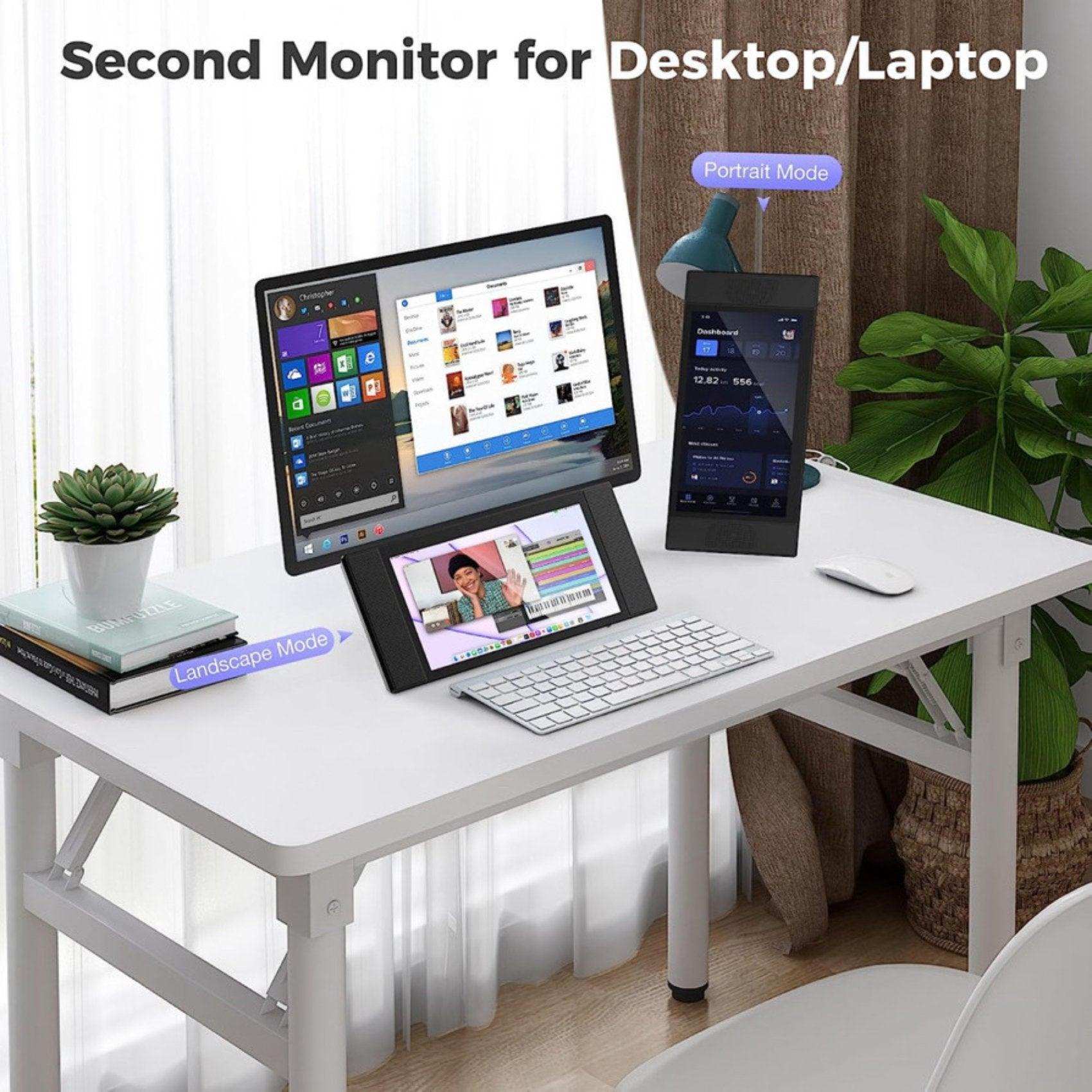 Portable laptop cellphone monitor extender used as a second monitor in landscape and portrait mode on a white desk with computer, keyboard, and plant. TUTT