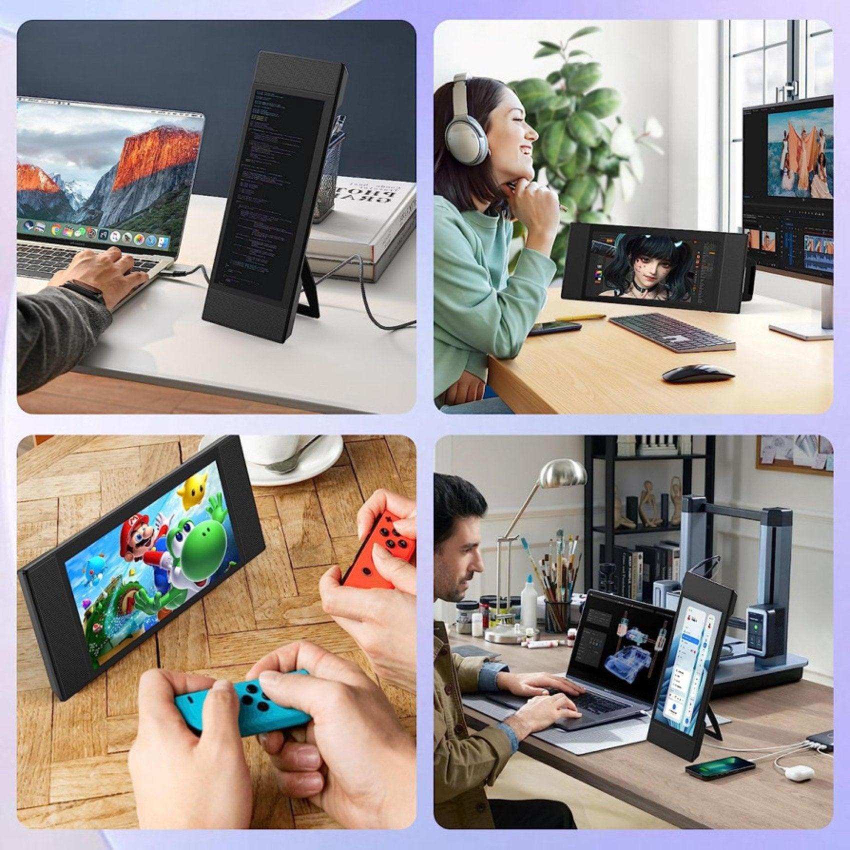 Collage showing TUTT L1 portable laptop cellphone monitor extender used for coding, gaming, video editing, and multitasking workspace. TUTT