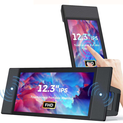 12.3-inch IPS FHD portable touchscreen monitor with dual speakers being used, TUTT