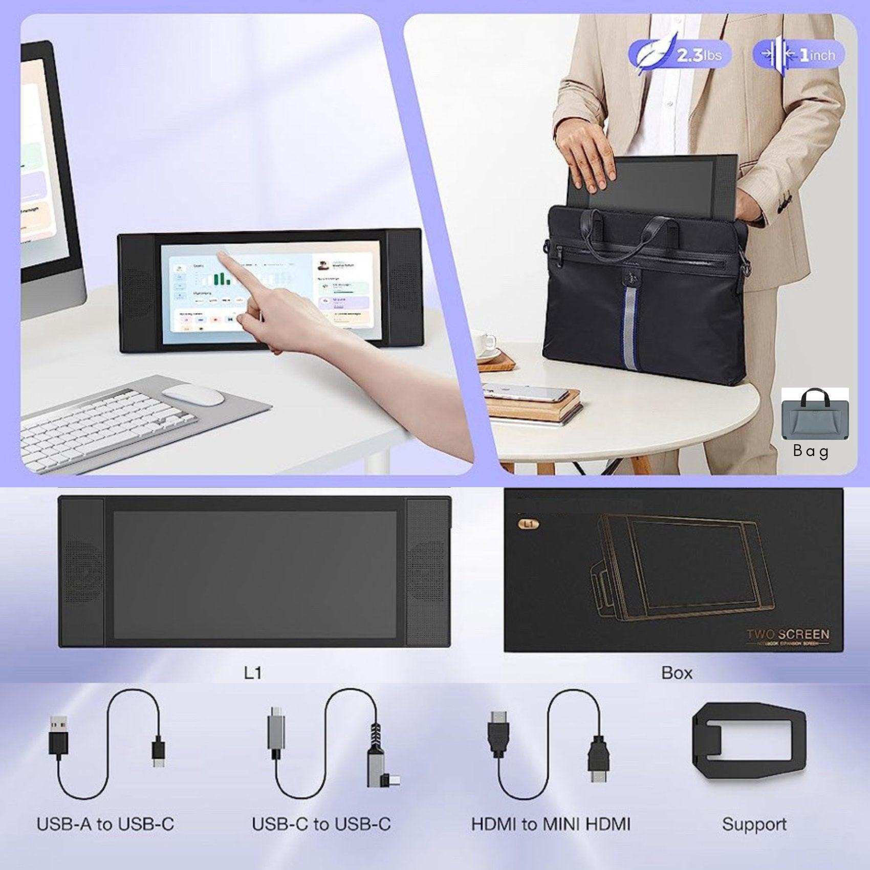 TUTT L1 portable laptop and cellphone monitor extender with touchscreen, dual speakers, and accessories. TUTT