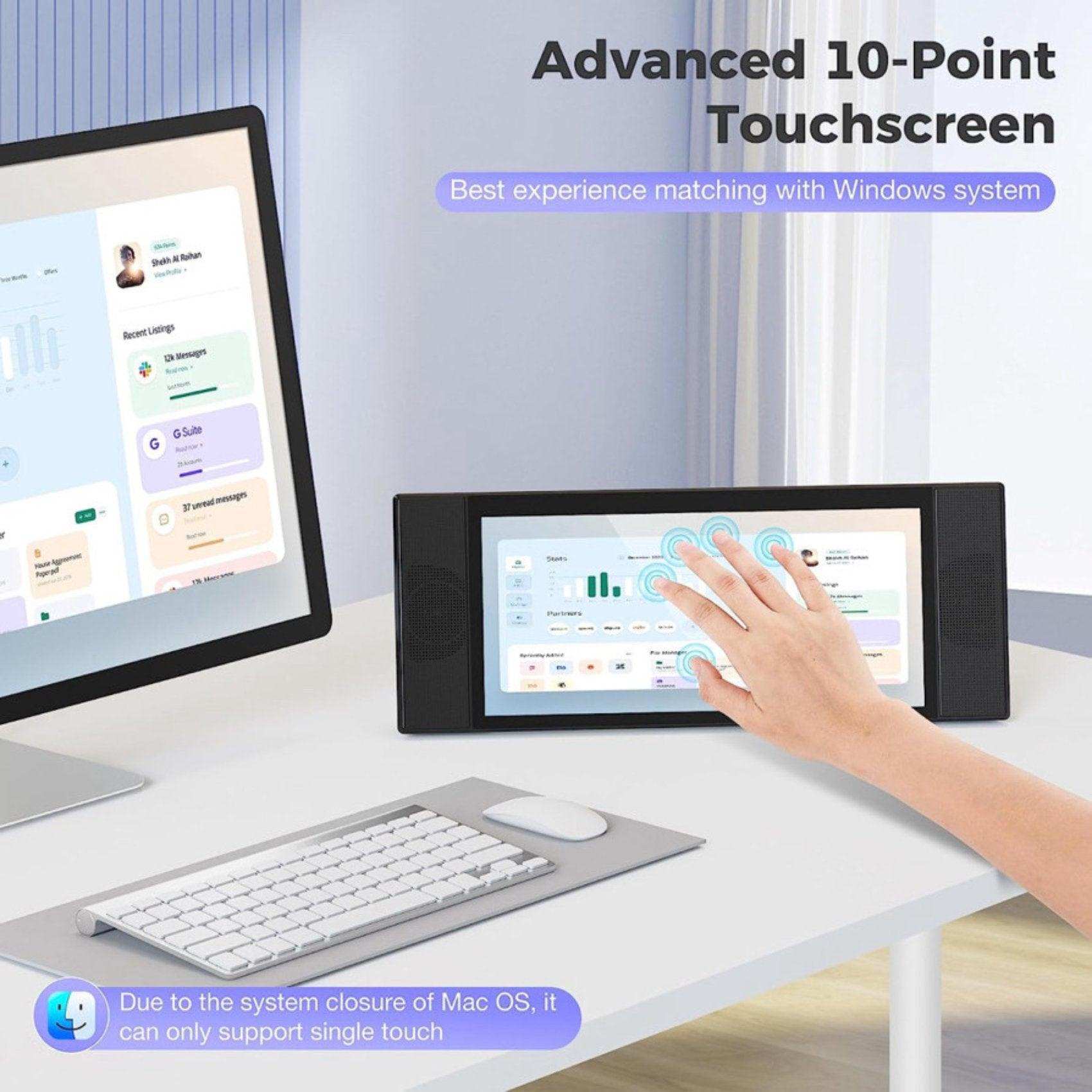 Portable laptop cellphone monitor extender with 10-point touchscreen, on a desk setup, TUTT