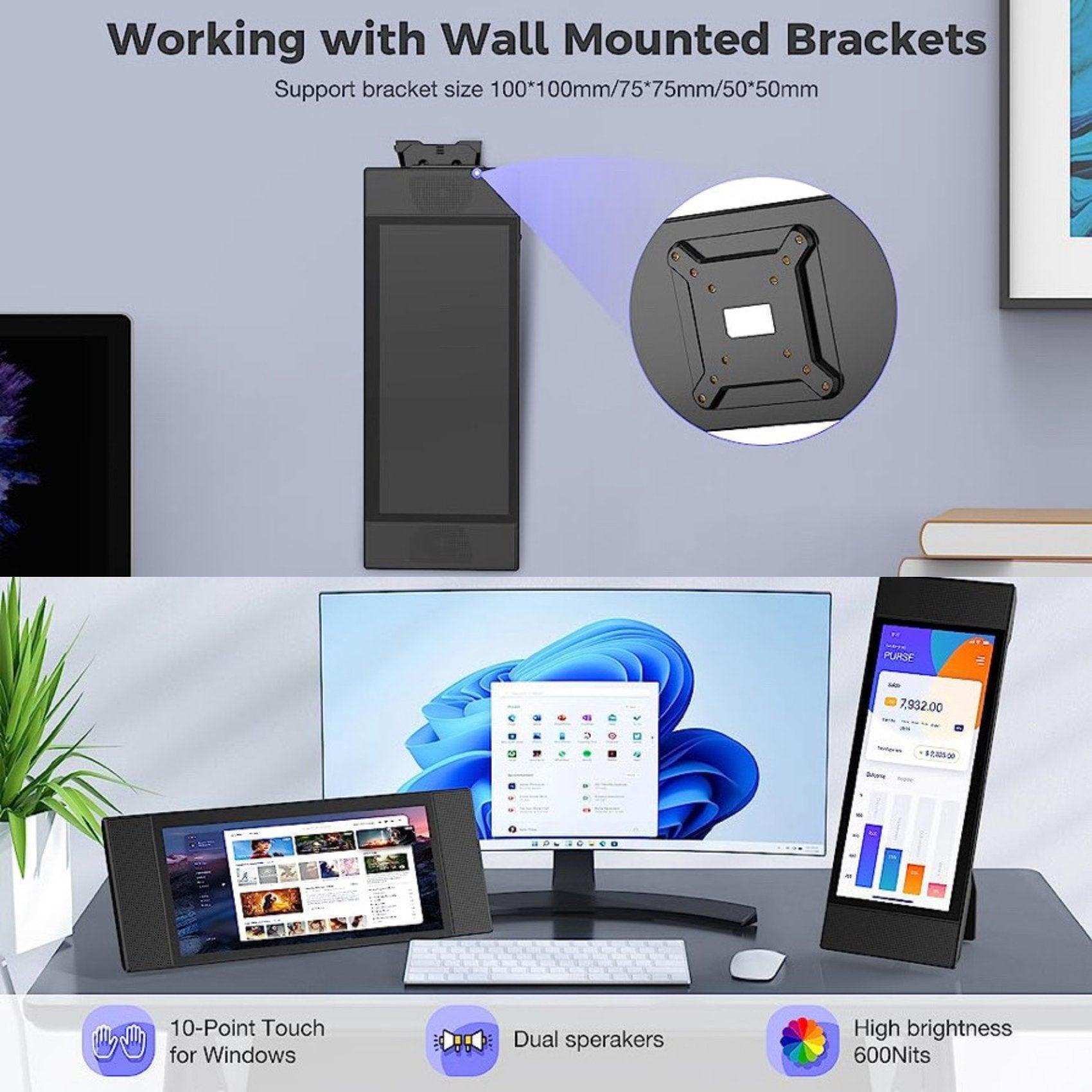 TUTT L1 portable monitor extender shown on desk with laptop, PC, and touch screen features, dual speakers, high brightness, and wall mounting support. TUTT