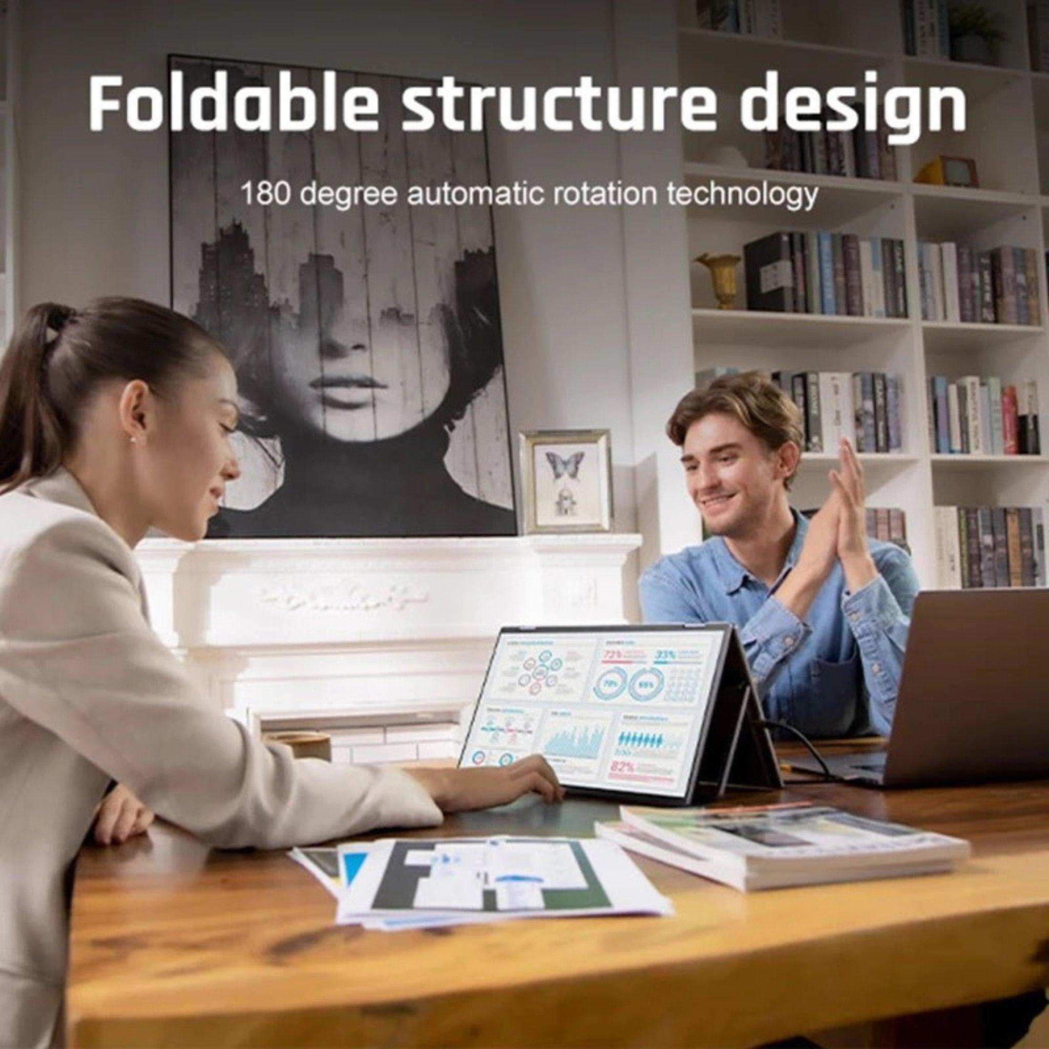 Two people using a foldable laptop screen extender dual monitor in a modern office, TUTT