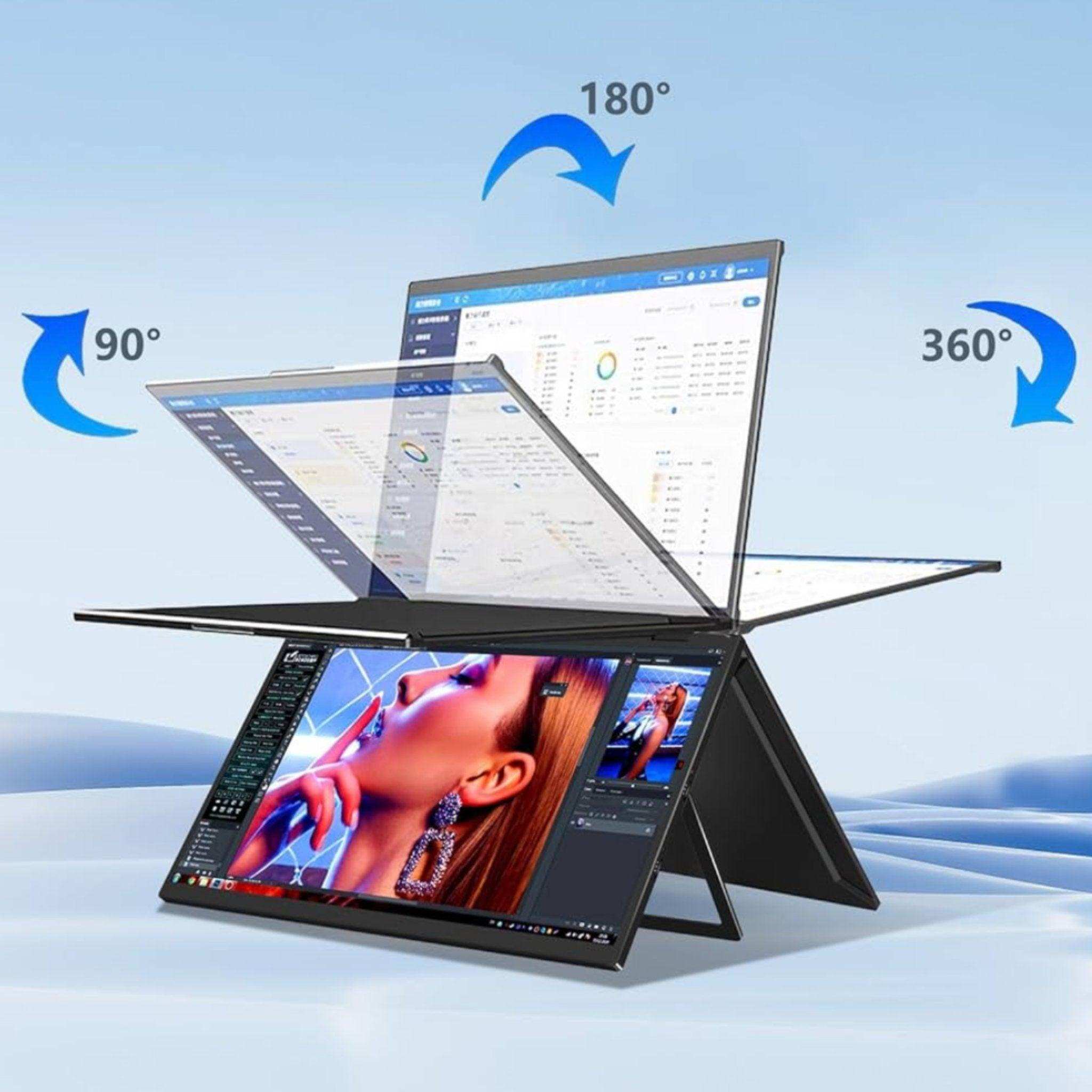 Dual portable laptop monitor extender, triple screen display, adjustable rotation angles, TUTT