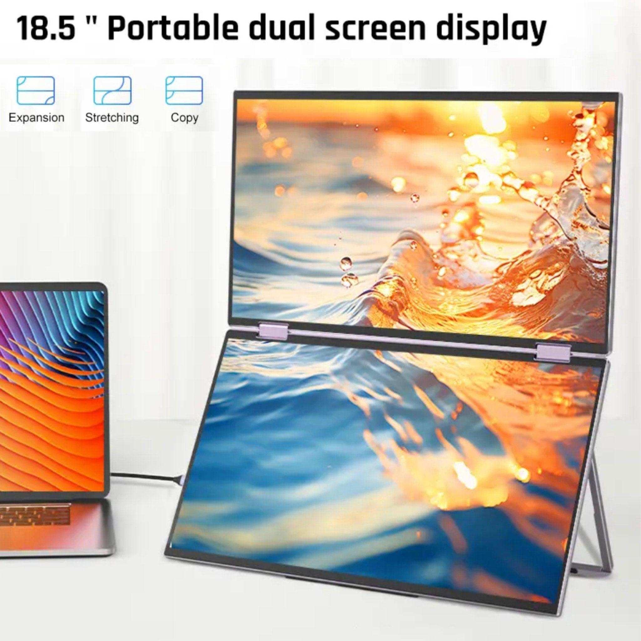 18.5-inch portable dual screen laptop display extender with two FHD monitors on stand, TUTT