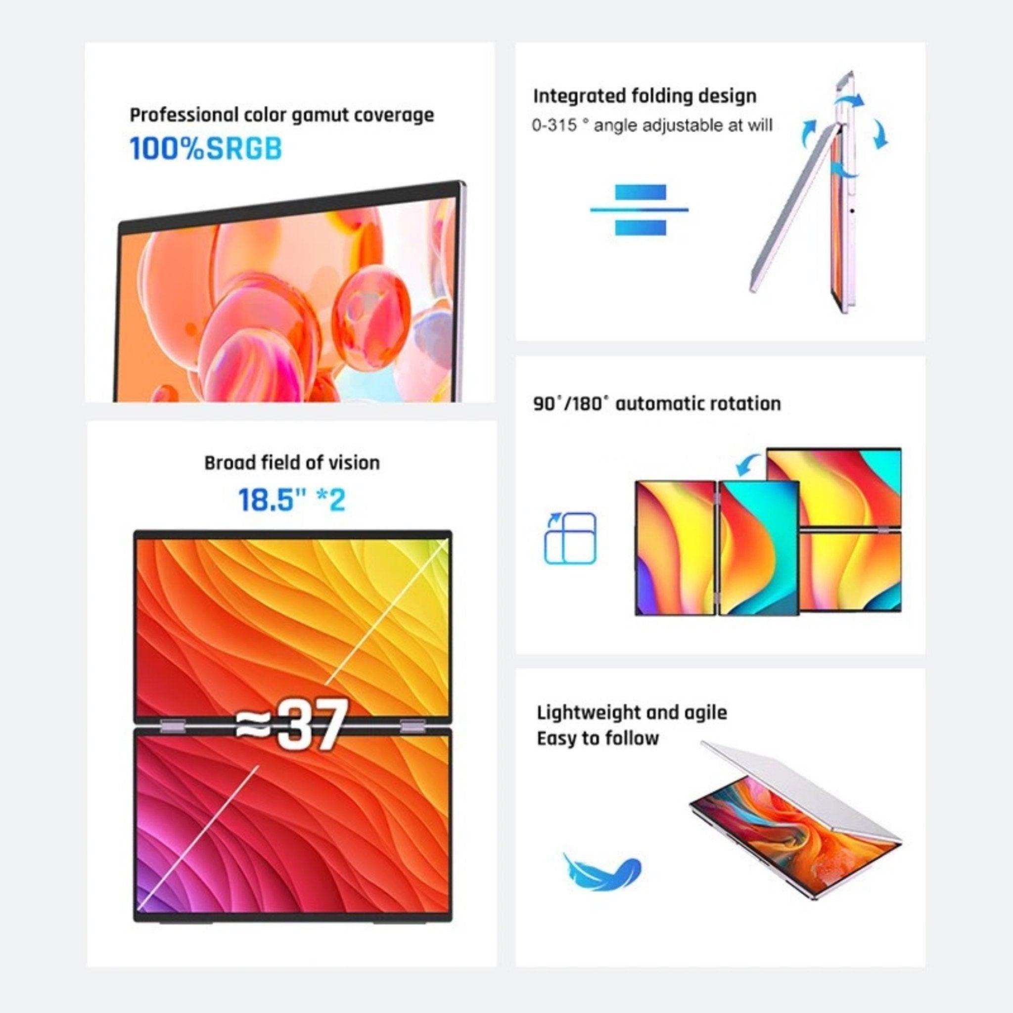 TUTT L15 dual 18.5-inch FHD folding laptop monitor extender with 100% sRGB, broad vision, auto rotation, and lightweight design TUTT