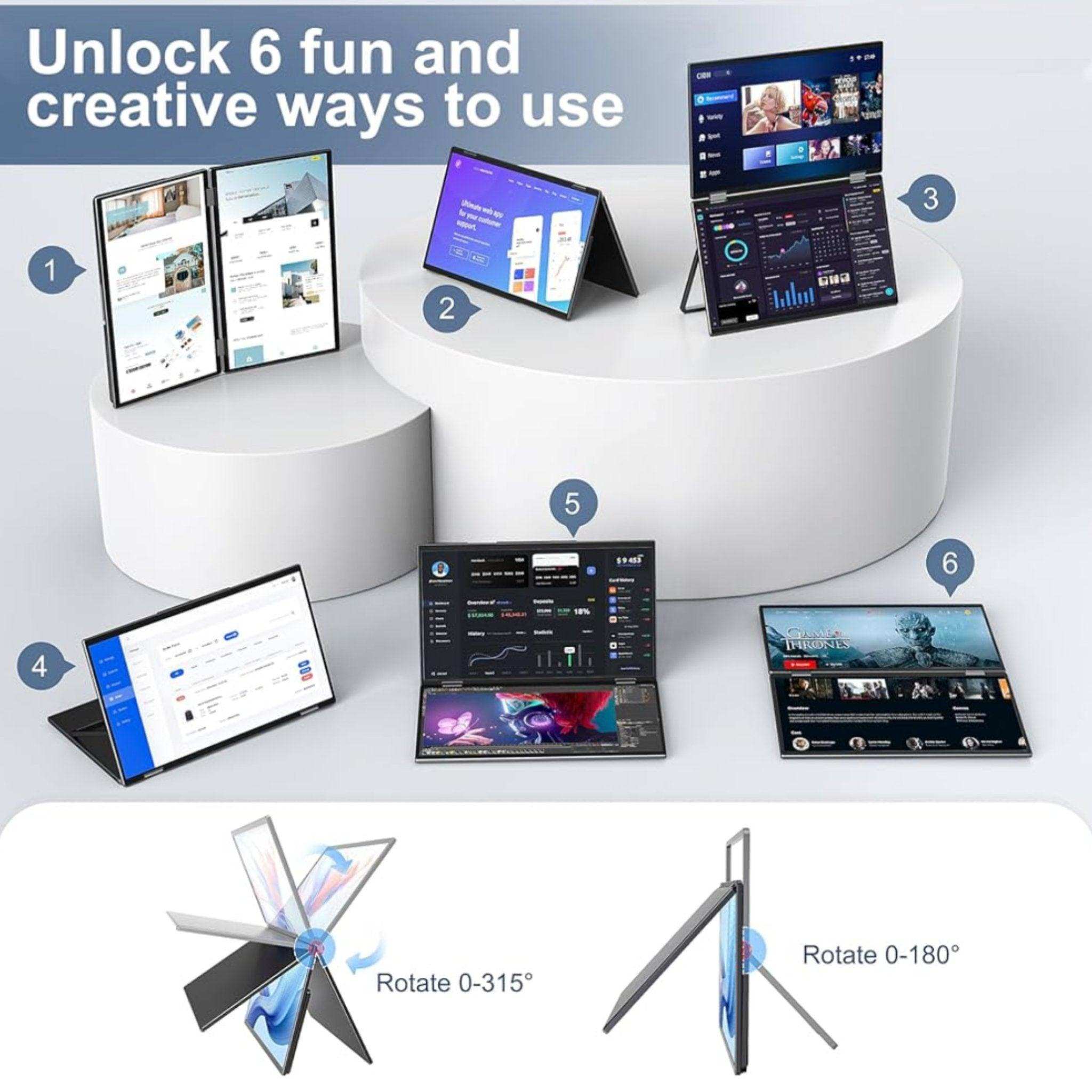 TUTT L15 laptop screen extender shows 6 display modes, dual 18.5'' FHD portable monitors.