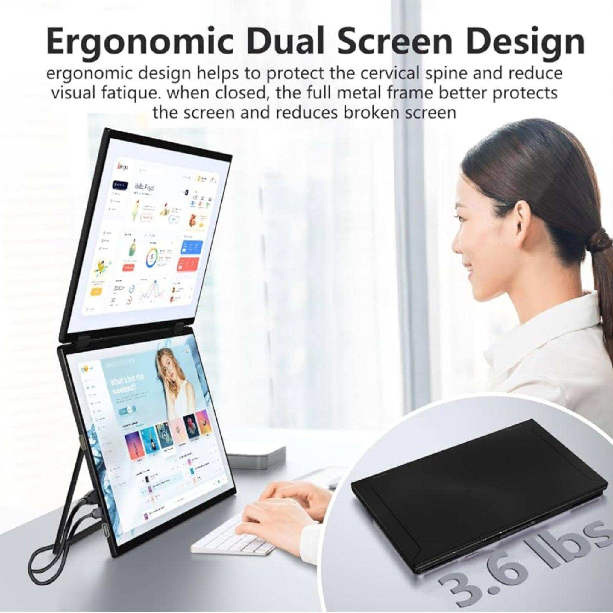 Woman using ergonomic dual screen laptop extender with vertical FHD monitors at desk, TUTT
