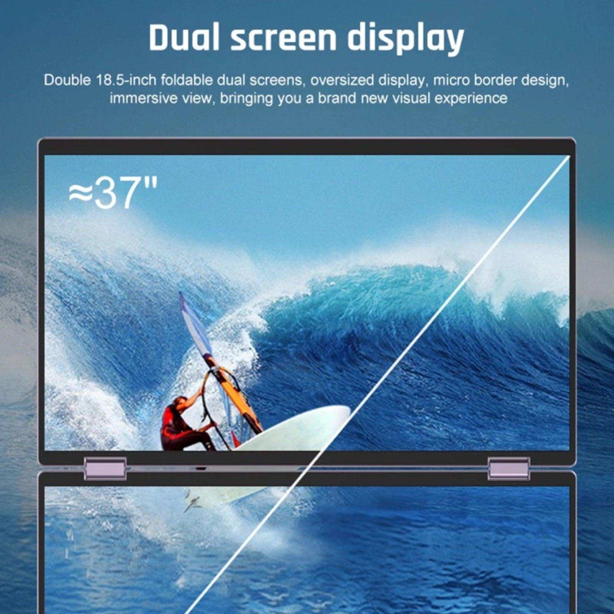 Dual screen display showing foldable 18.5-inch laptop screen extender with surfing image, 37-inch wide display. TUTT