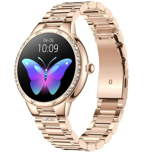 Rose gold ladies smartwatch with AMOLED screen, butterfly display, jeweled bezel, metal band TUTT