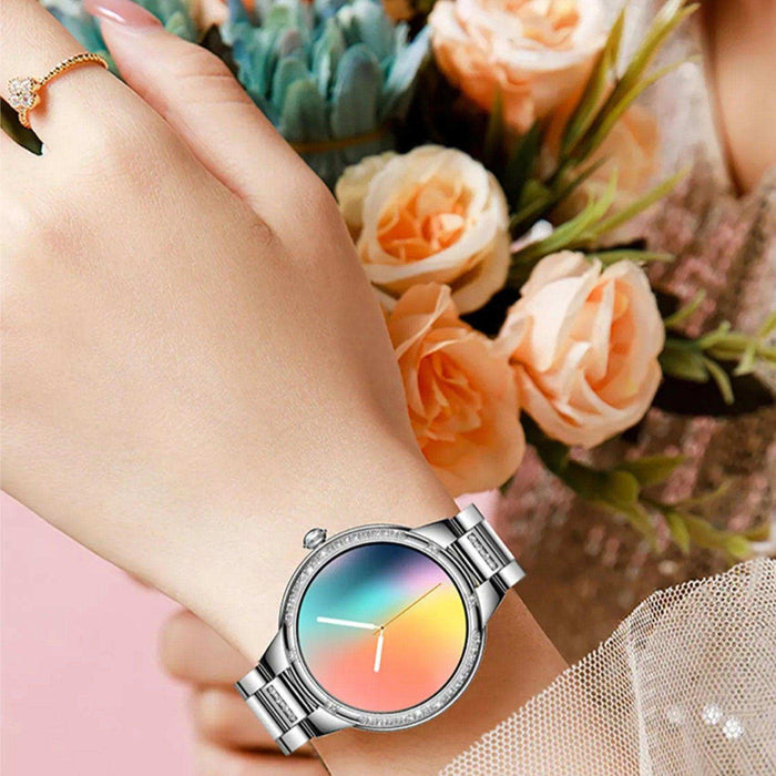 Elegant ladies' silver AMOLED screen smartwatch on wrist, holding peach roses bouquet, TUTT