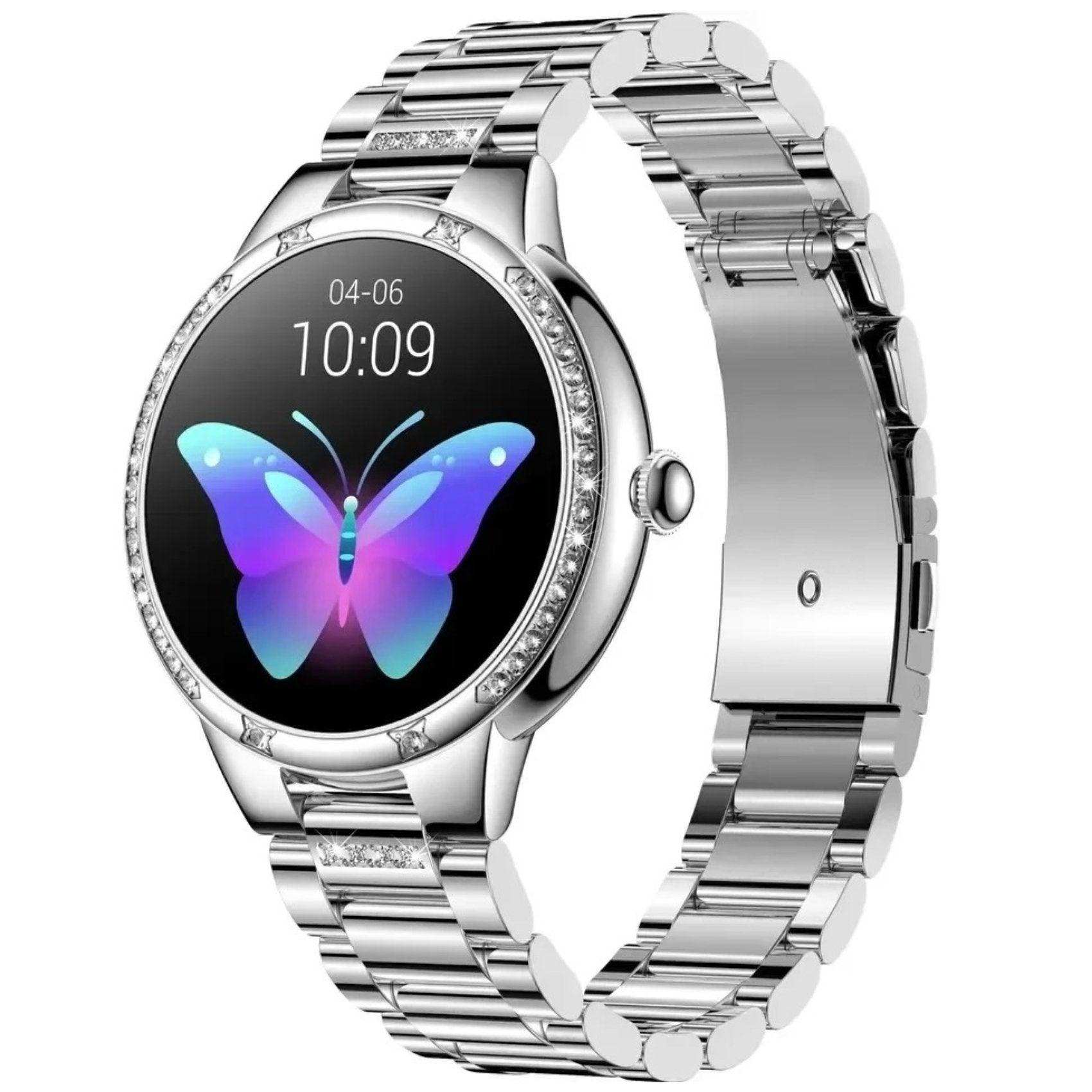 Silver ladies AMOLED screen smart watch with butterfly display and metal band, TUTT