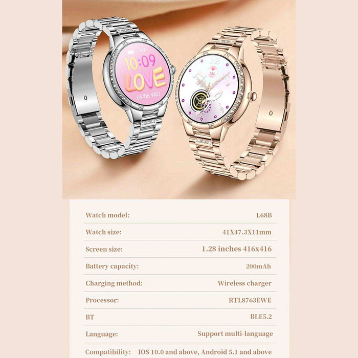 Two Tutt L68B ladies AMOLED smartwatches in silver and rose gold bands with display screens, product specs below. TUTT