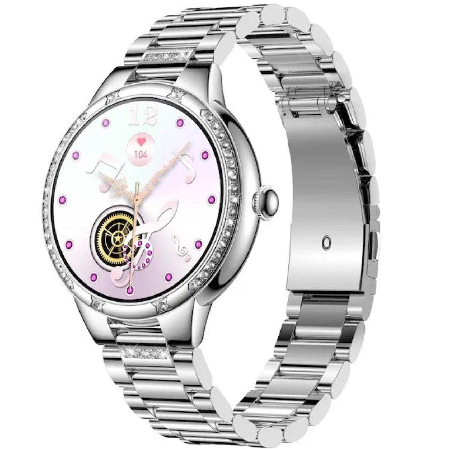 Silver ladies AMOLED smart watch with jeweled bezel, pedometer and health display TUTT