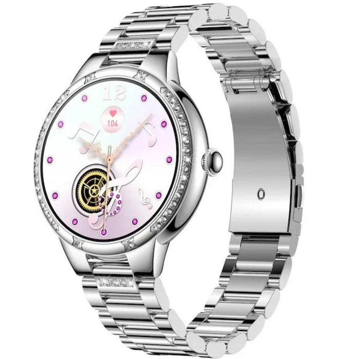 Silver ladies AMOLED smart watch with jeweled bezel, pedometer and health display TUTT