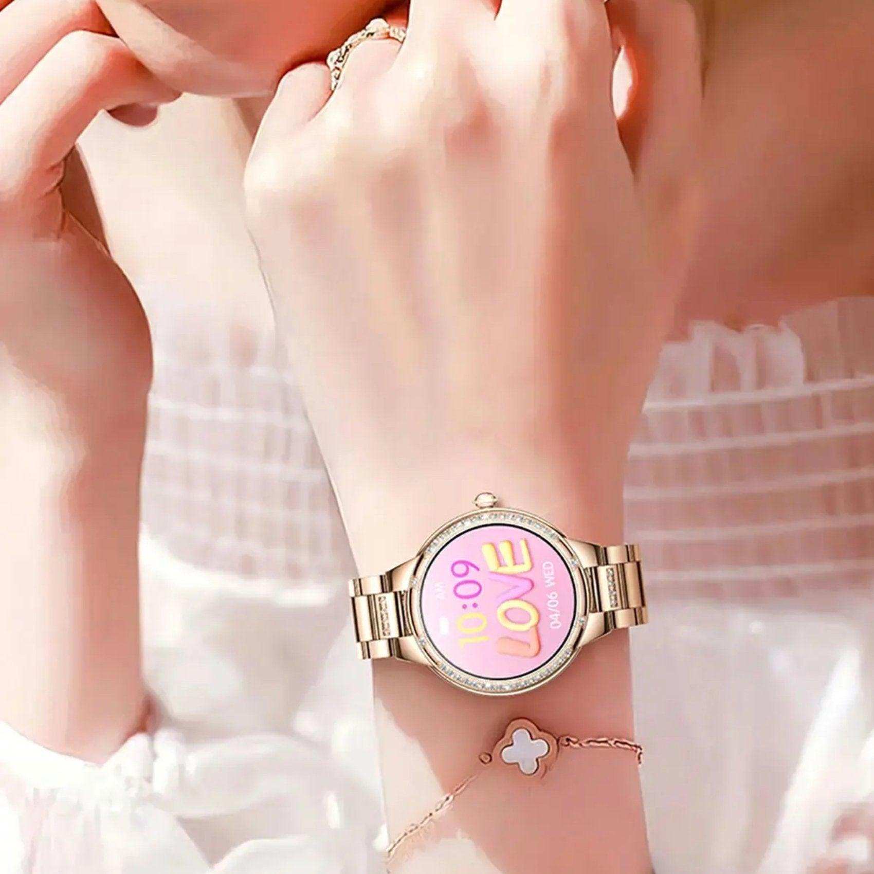 Gold ladies AMOLED screen smart watch on wrist, pink LOVE display, elegant fashion TUTT