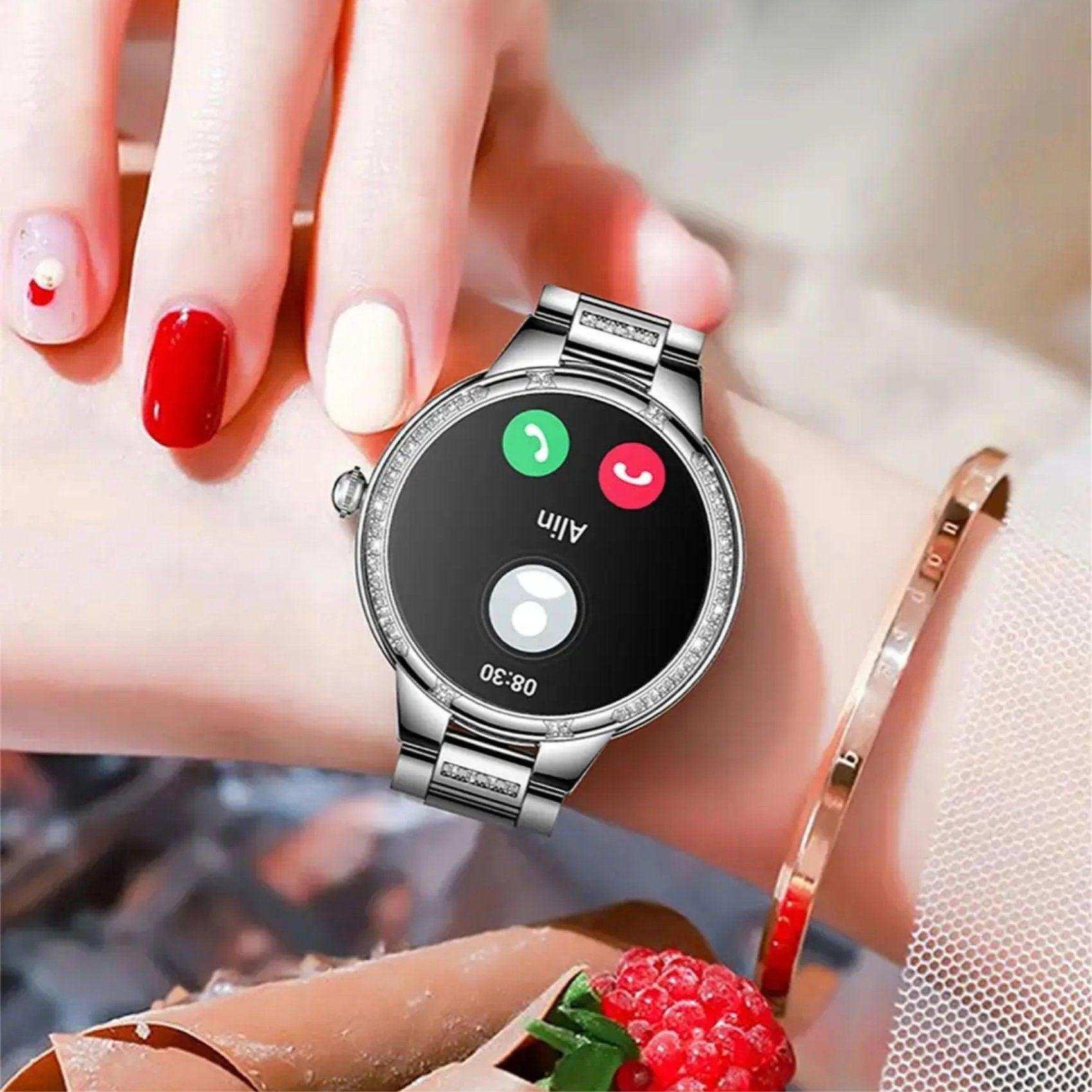 Silver ladies AMOLED screen smart watch with call display on wrist, elegant manicure, TUTT