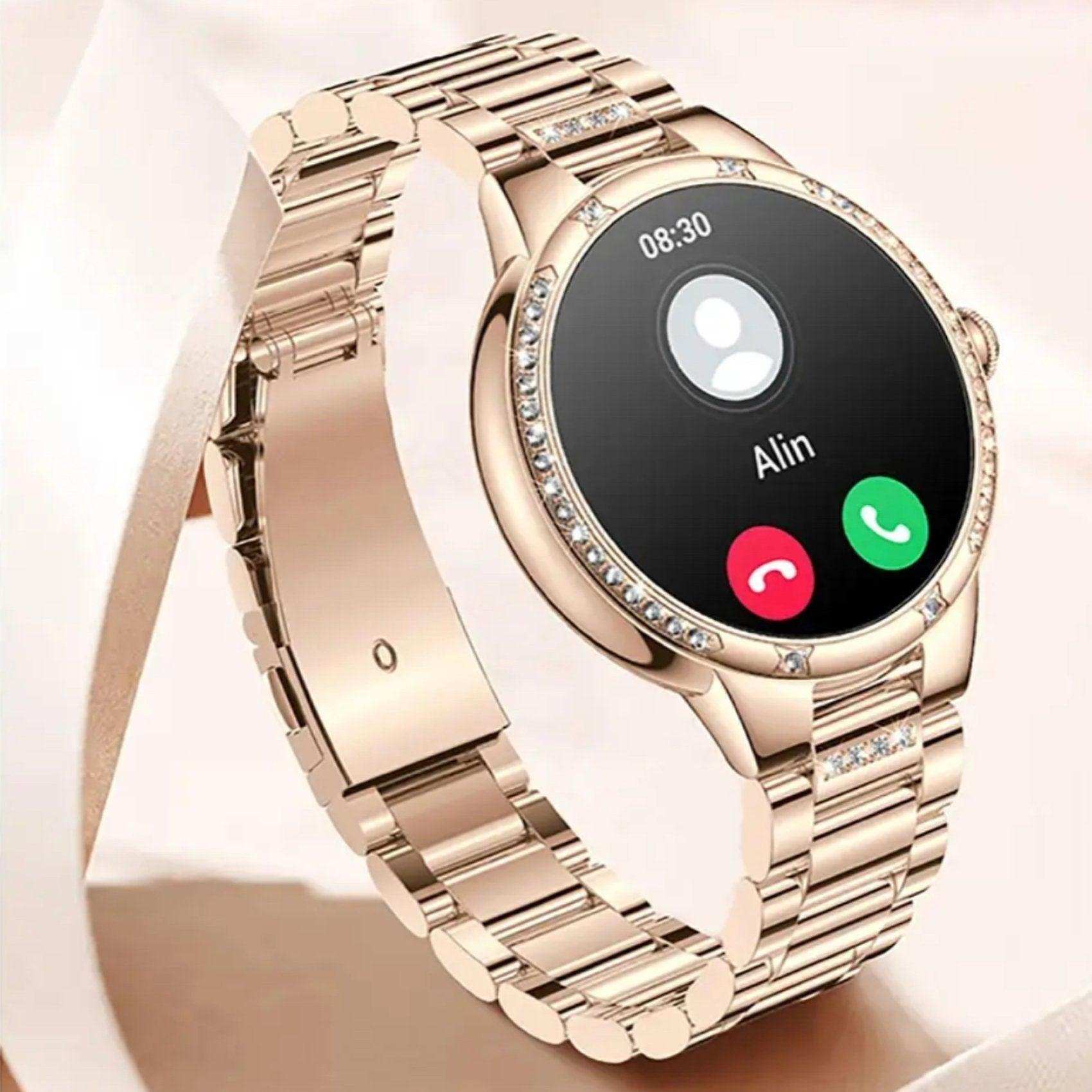 Rose gold ladies AMOLED smart watch with crystal bezel, health tracking, and call screen display TUTT