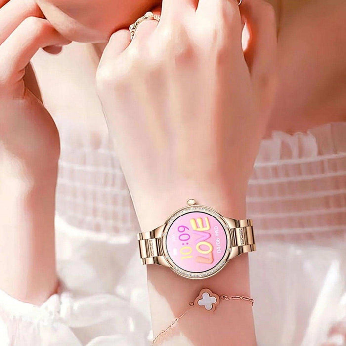 Gold classic ladies AMOLED screen smart watch with 'LOVE' display on woman's wrist, TUTT