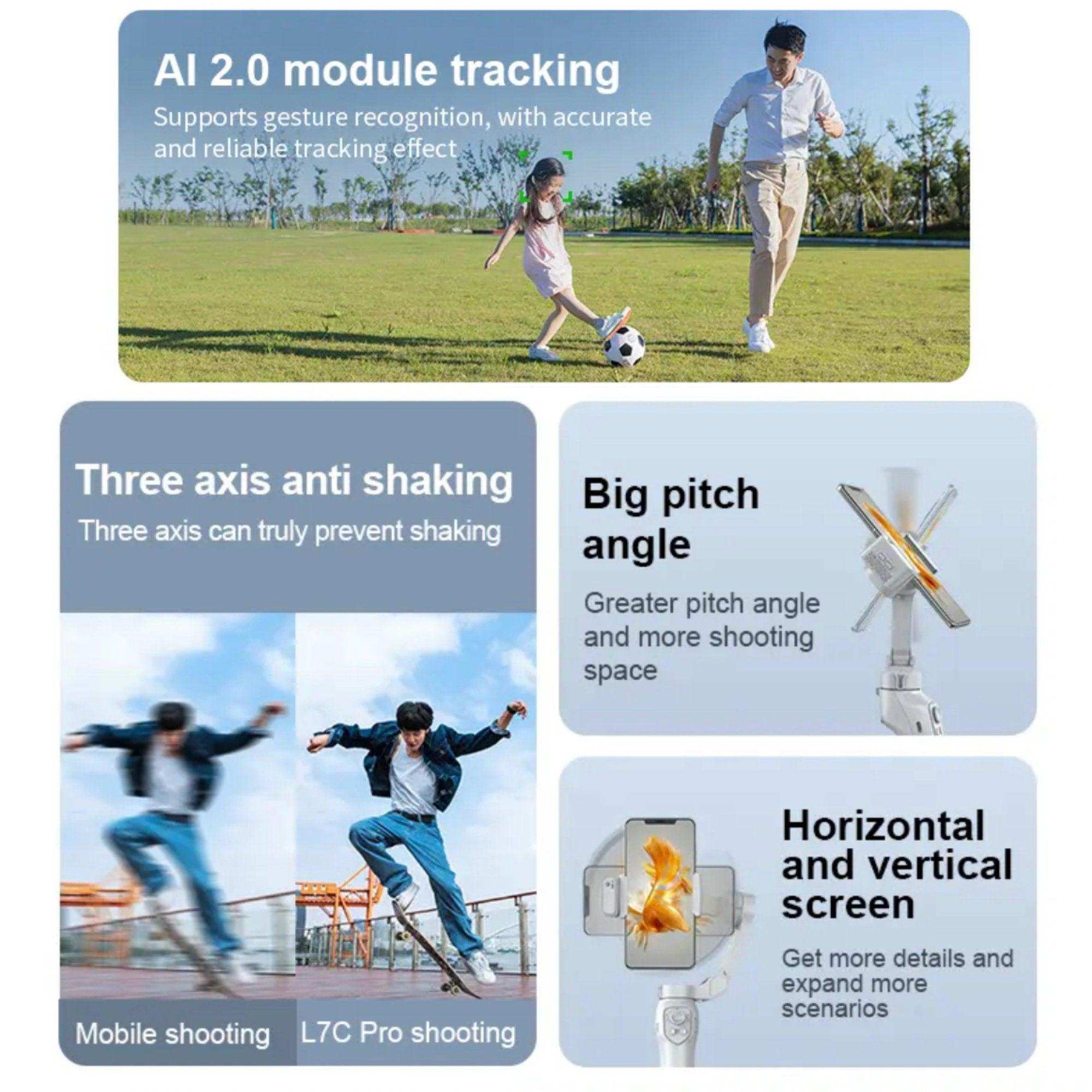 TUTT L7C Pro handheld 3-axis phone gimbal stabilizer with AI face tracking, tripod, and pitch angle features, shown used outdoors and for action shots. TUTT