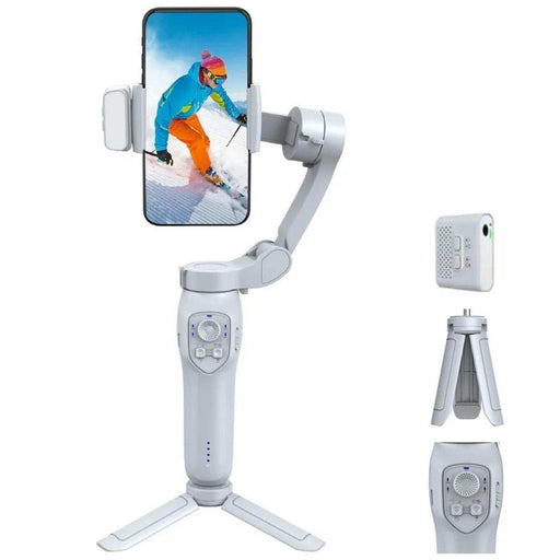 White 3-axis handheld smartphone gimbal stabilizer with tripod and AI tracking module, TUTT
