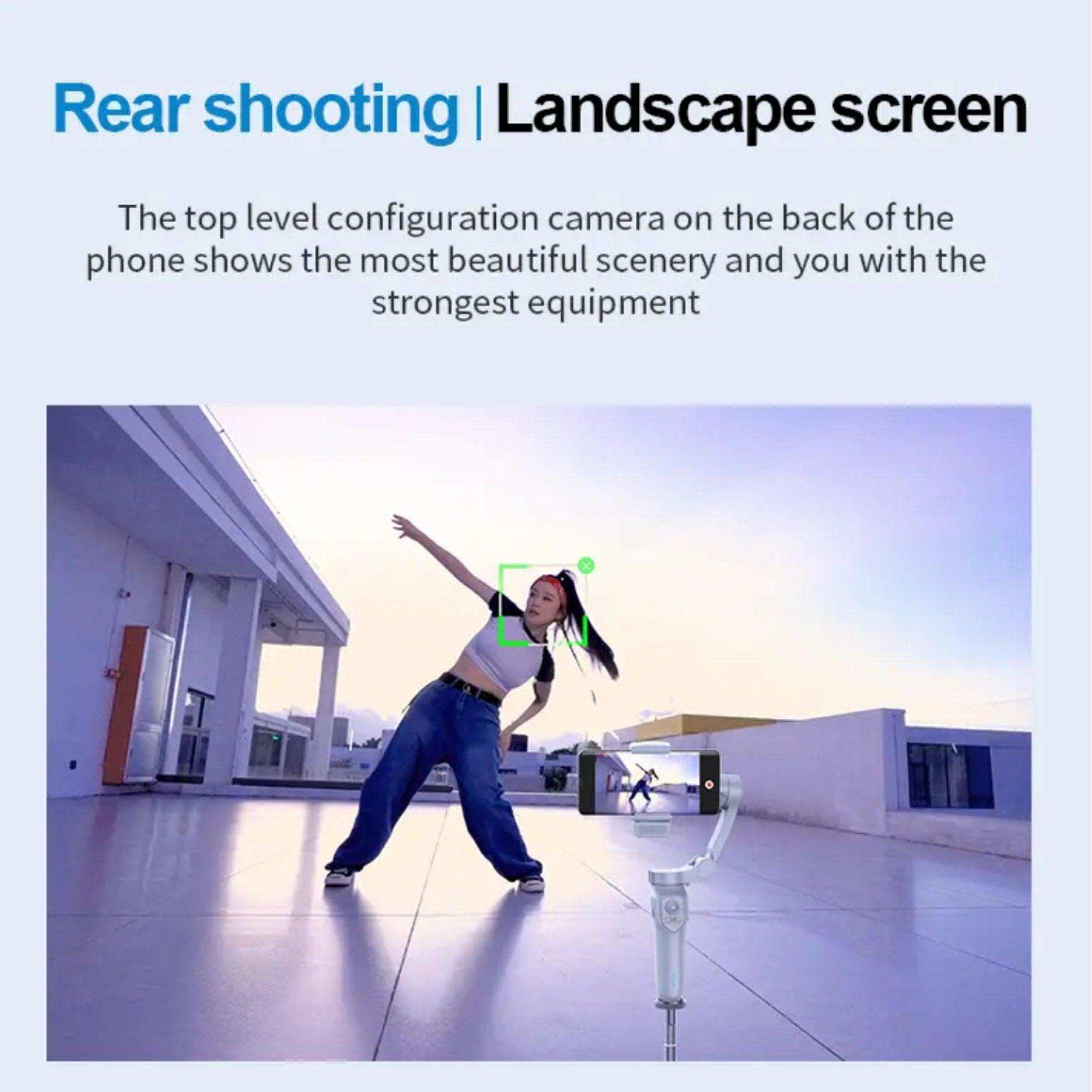 Woman dancing outdoors, filmed by smartphone on a 3-axis handheld gimbal stabilizer tripod, TUTT