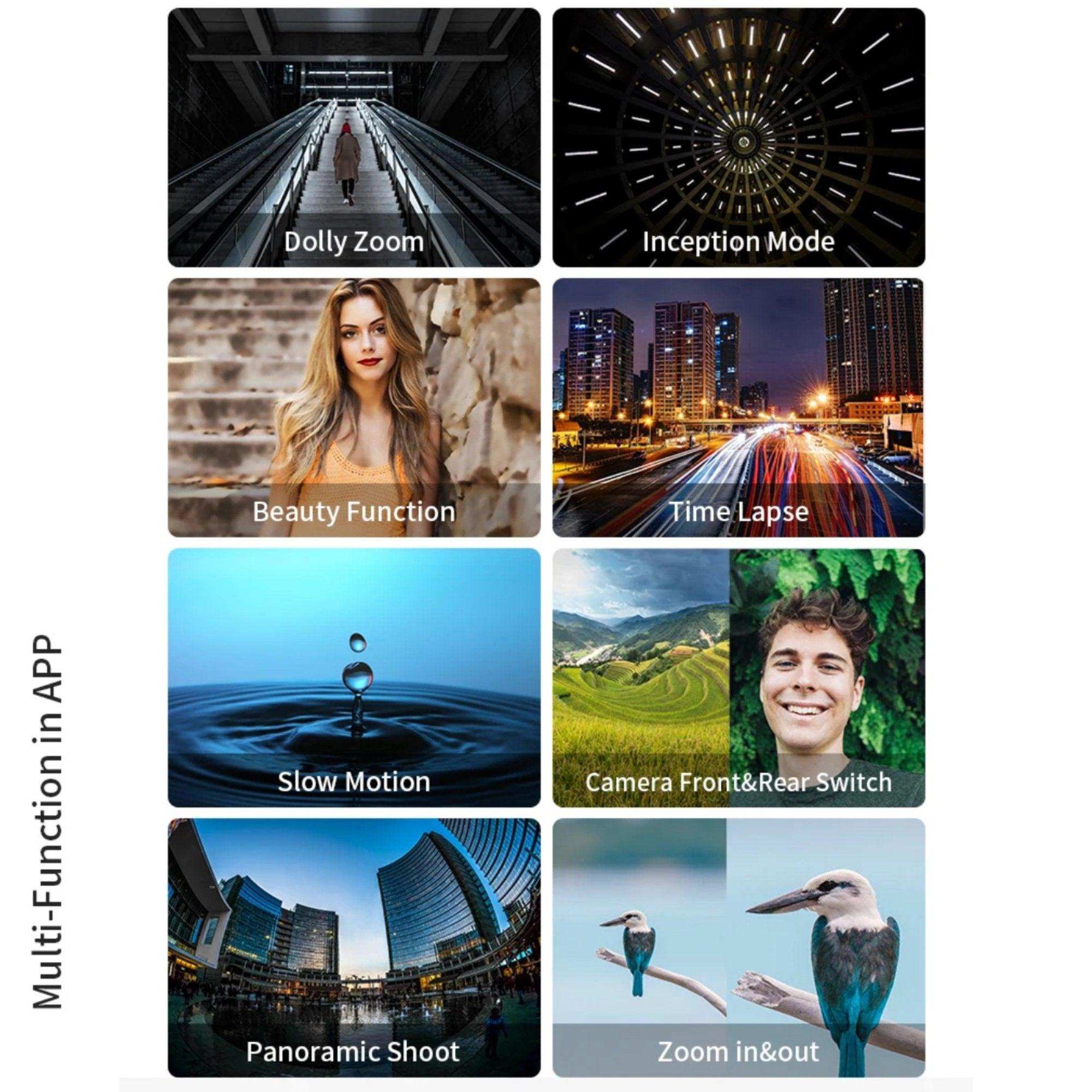 Eight image panels display features of a smartphone gimbal: dolly zoom, inception mode, beauty function, time lapse, slow motion, camera front and rear switch, panoramic shoot, zoom in and out. TUTT