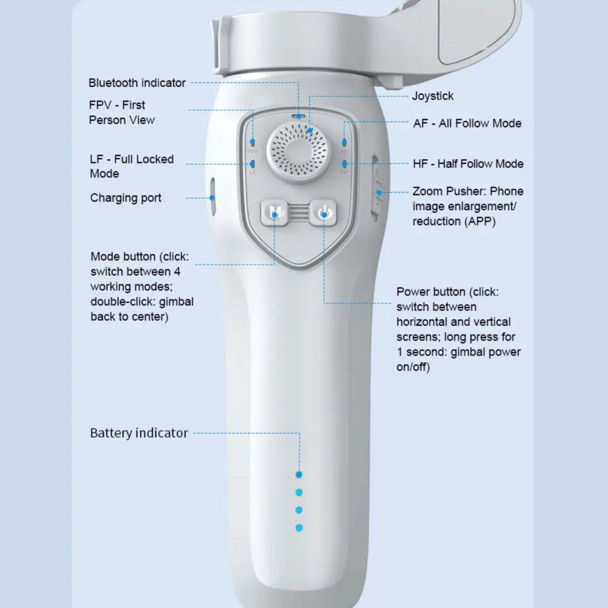 TUTT L7C Pro AI Module 3-axis smartphone gimbal stabilizer controls and labeled functions TUTT