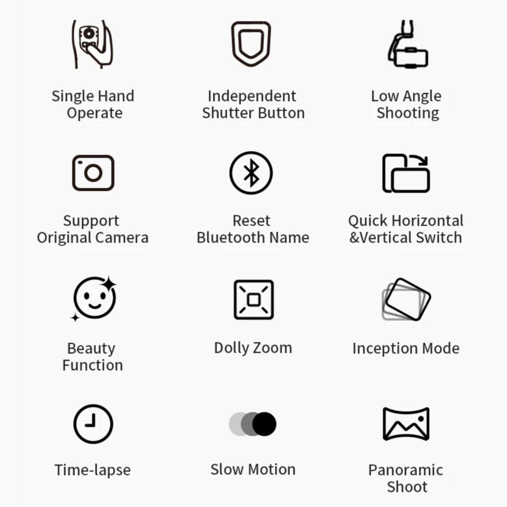 Feature icons for smartphone gimbal stabilizer, including single hand operate, time-lapse, slow motion, panoramic shoot TUTT