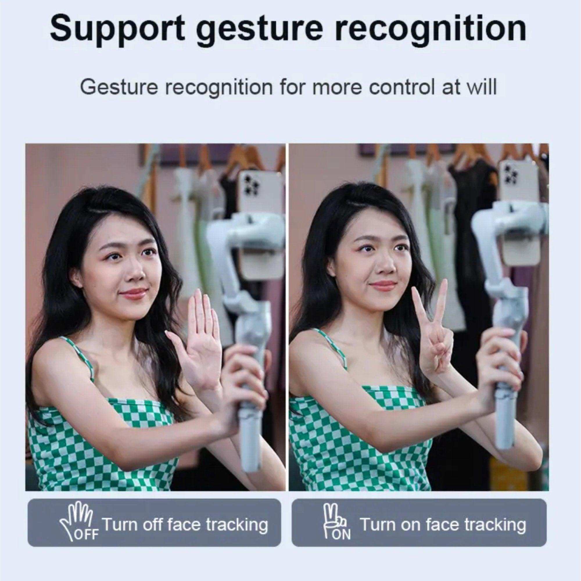 Woman using smartphone gimbal stabilizer with gesture recognition for AI face tracking, TUTT